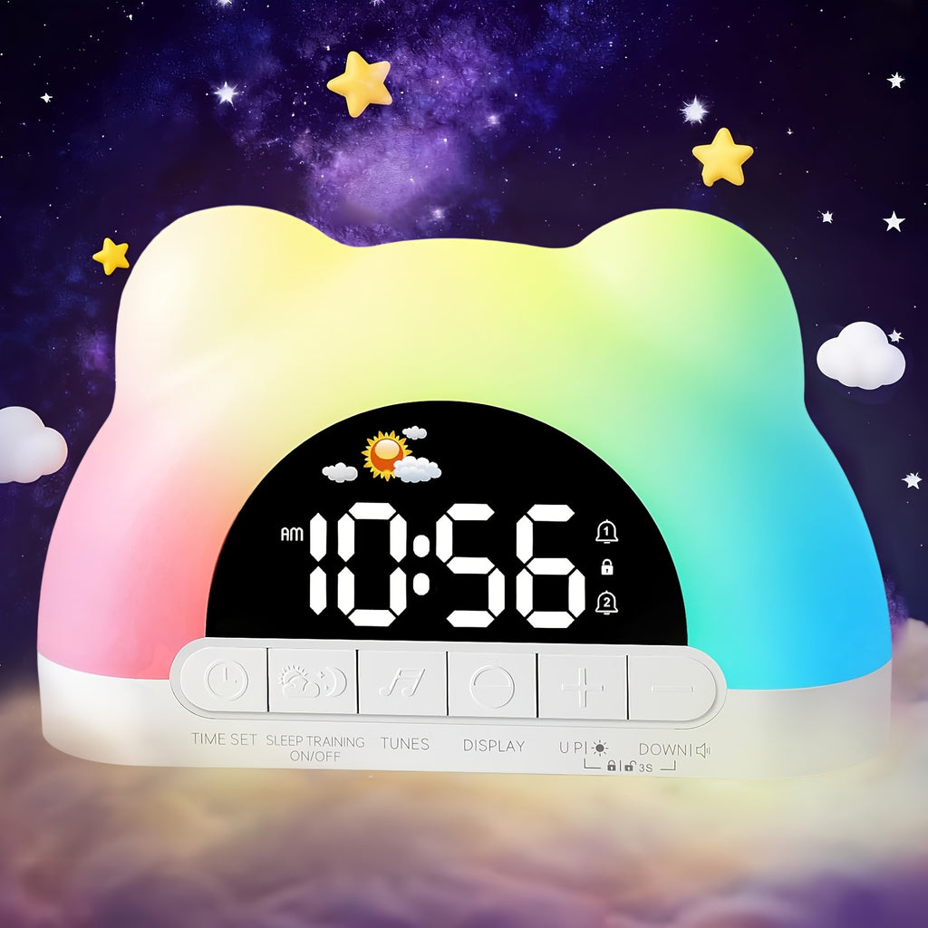Alarm Clock with Night Light, Children's Alarm Clock, Wake-up Children's Color Changing Alarm Clock, 11 Color Night Light Cat Clock, 10 Soothing Music, Children's Lock, Dual Alarm Clock, Sleep Training, Perfect Birthday Or New Year Gift