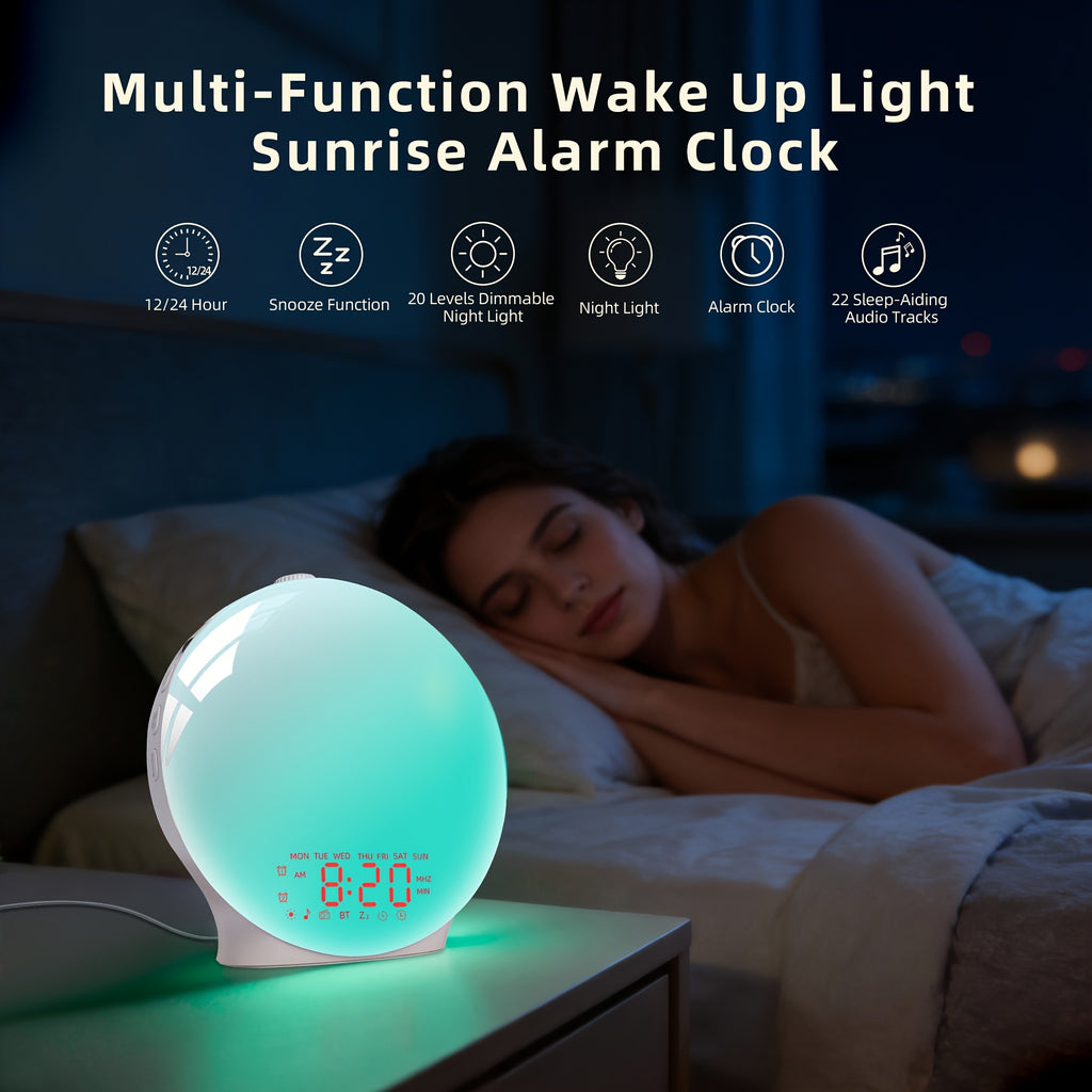 Wake-Up Light Alarm Clock - Sunrise Lamp | 7 Color Lights, Dual Alarms (2 Wake-Up Settings), 22 Sleep Music, 20-Level Dimming, Snooze, Usb Charging, For Bedroom\u002FHome\u002FDorm