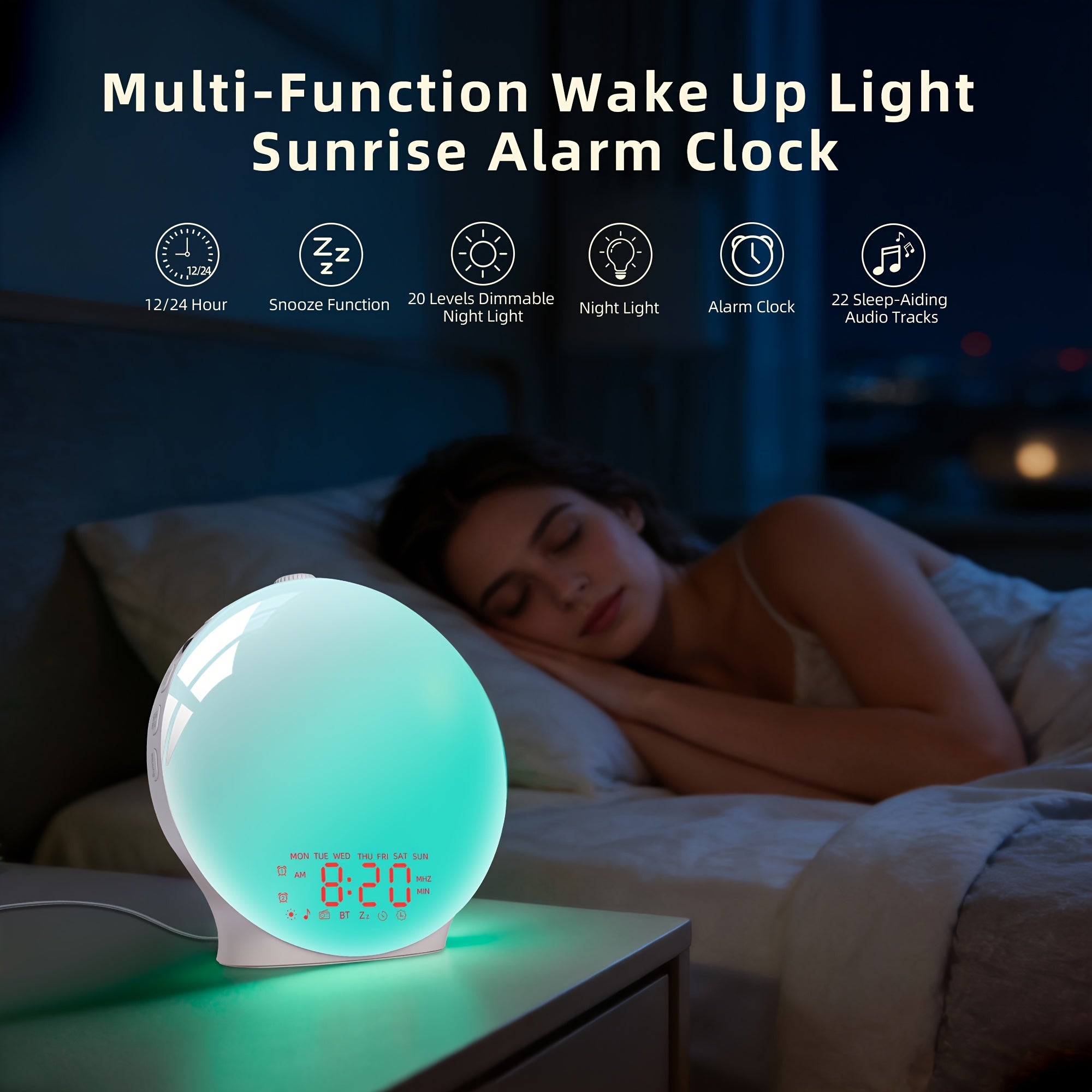 Wake-Up Light Alarm Clock - Sunrise Lamp | 7 Color Lights, Dual Alarms (2 Wake-Up Settings), 22 Sleep Music, 20-Level Dimming, Snooze, Usb Charging, For Bedroom\u002FHome\u002FDorm