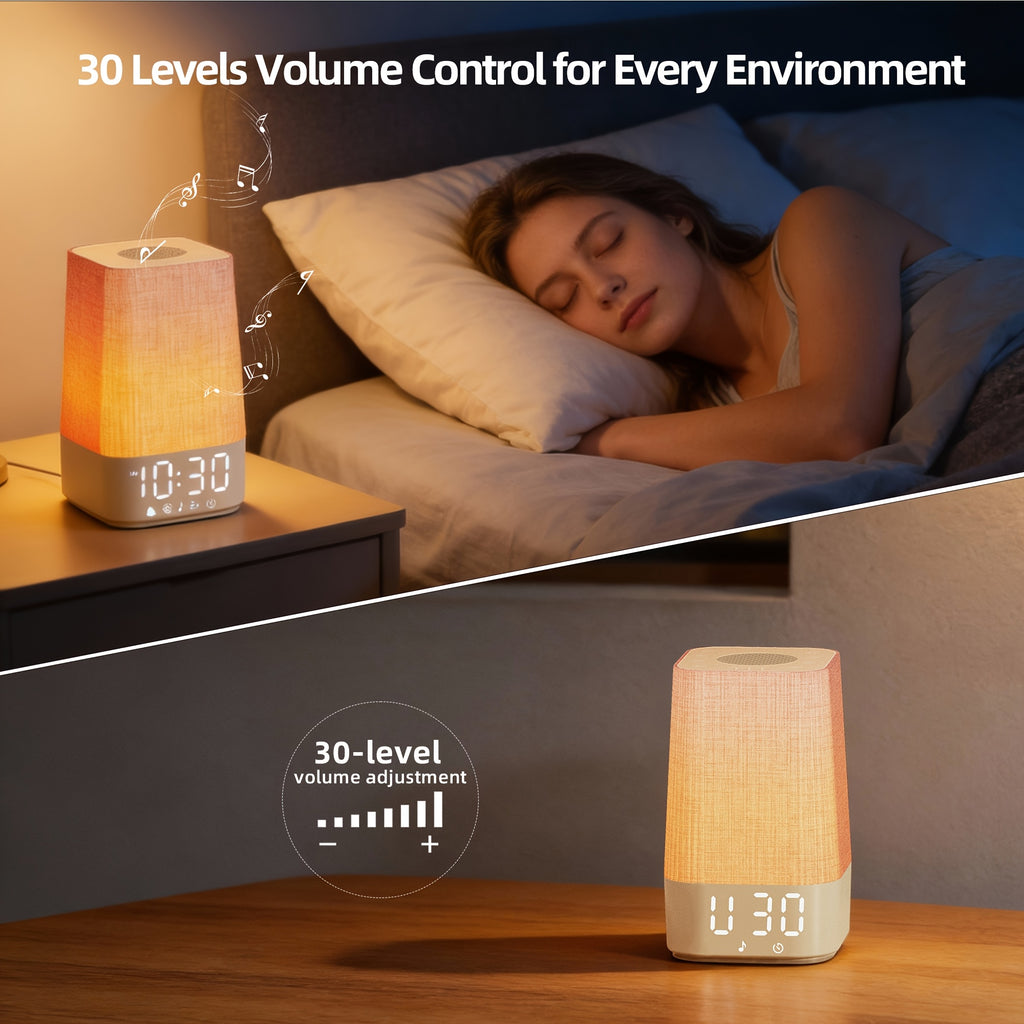 White Noise Machine with 7 Alarm Sounds & 20 Relaxing Music Tracks - Adjustable Volume, Night Light & Timer Suitable for Sleep,, Focus Aid - Digital Alarm Clock with Soothing Sound Generator for Adults, Bedside Sleep Helper