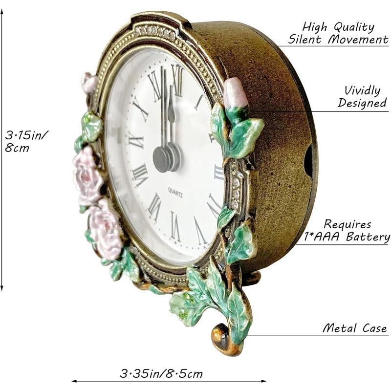 alarm clockSilent Mini Vintage Analog Table Clock with Hand-Painted Metal Body and Battery Operated Non-Ticking Core for Shelf Bedroom Bedside Desk Gift Clockalarm clock, Bedside Timepiece, Handpainted Design, Retro Style Clock, Highquality Materials