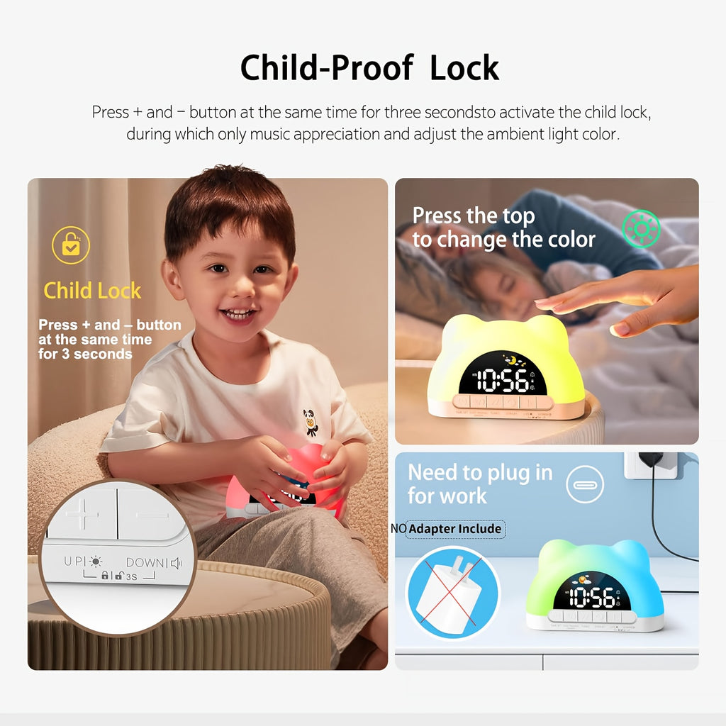 Alarm Clock with Night Light, Children's Alarm Clock, Wake-up Children's Color Changing Alarm Clock, 11 Color Night Light Cat Clock, 10 Soothing Music, Children's Lock, Dual Alarm Clock, Sleep Training, Perfect Birthday Or New Year Gift
