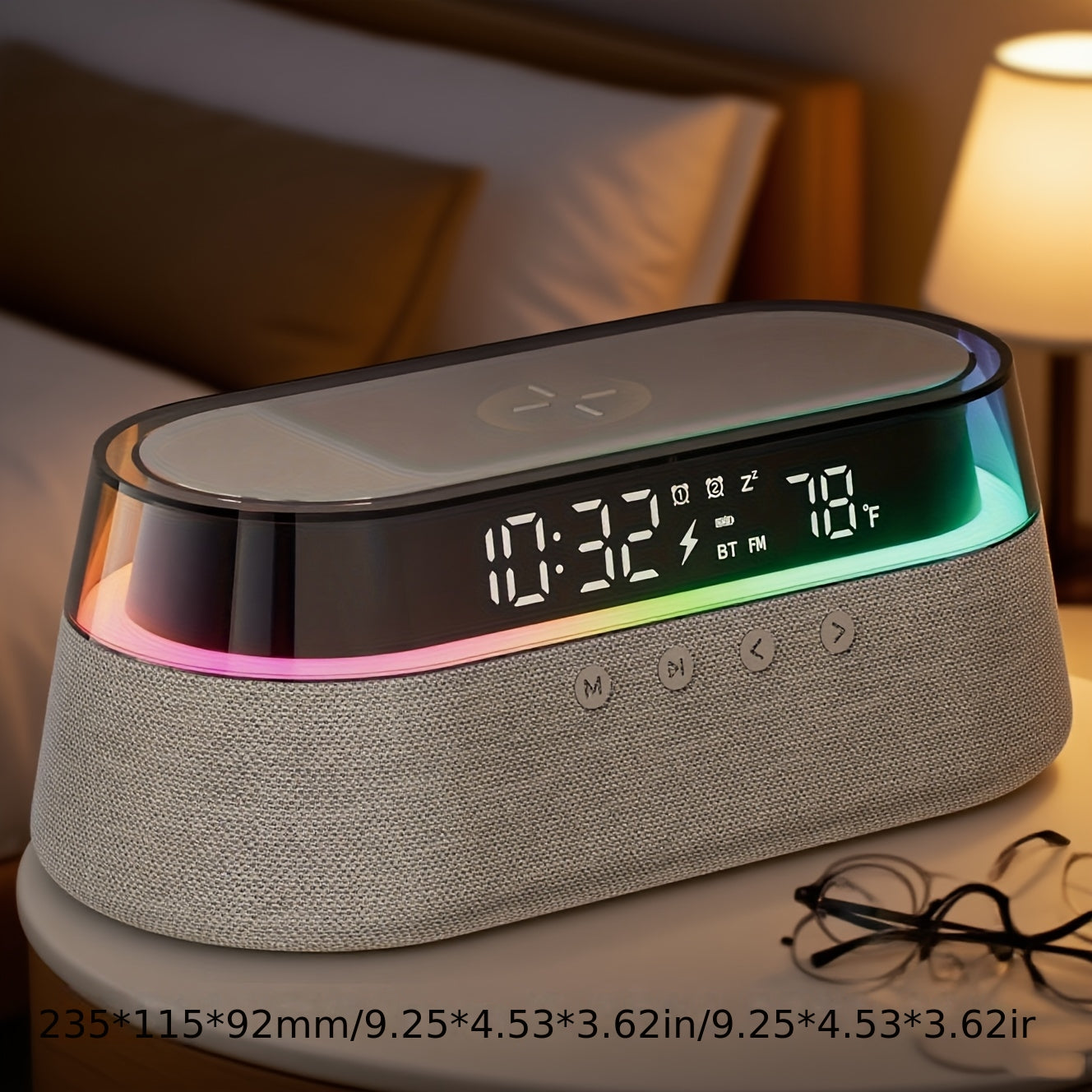 This Is a 6-In-1 Multifunctional Alarm Clock That Features 15W Wireless Charging, a Wireless Speaker, FM Radio, Dual Alarms, an Indoor Temperature Display, an RGB Night Light, And a USB Charger, Making It Perfect for Your Bedside