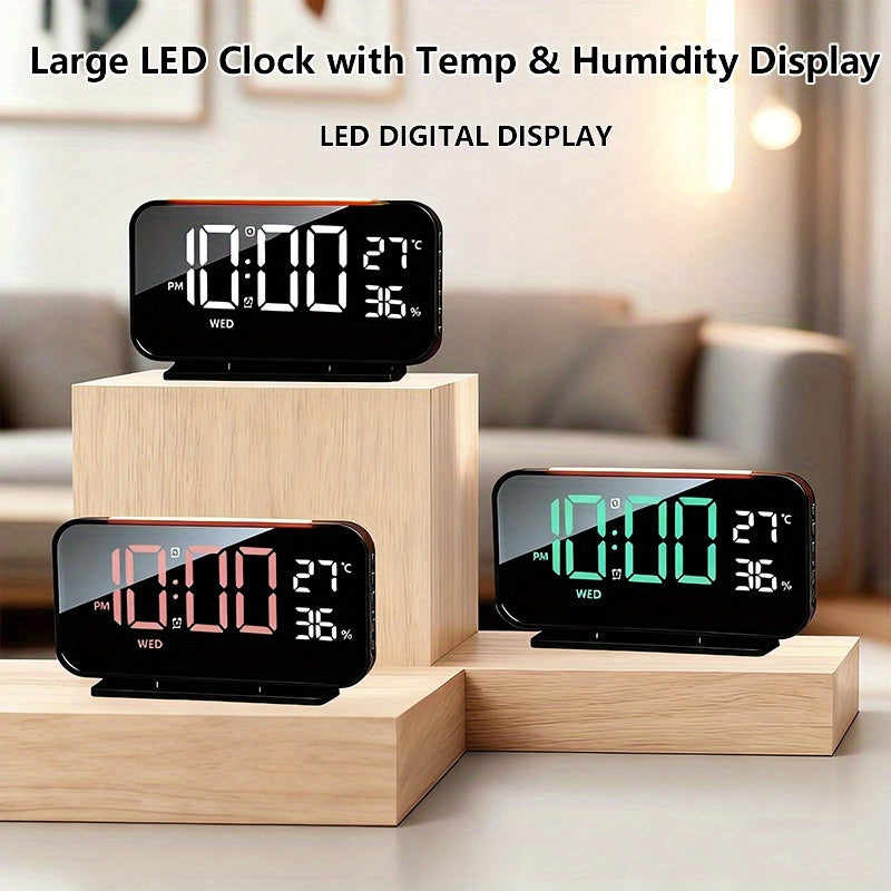 LED Clock Displaying Time, Temperature, and Humidity | Dual Alarms, Three-Level Brightness, USB Powered, Suitable for Indoor and Outdoor Use
