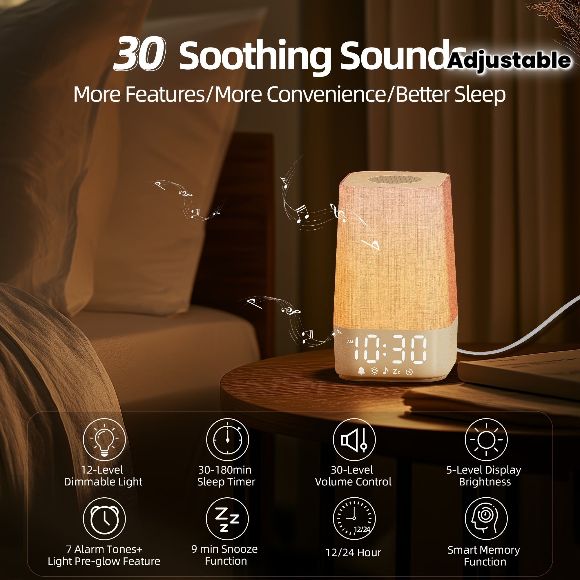 White Noise Machine with 7 Alarm Sounds & 20 Relaxing Music Tracks - Adjustable Volume, Night Light & Timer Suitable for Sleep,, Focus Aid - Digital Alarm Clock with Soothing Sound Generator for Adults, Bedside Sleep Helper