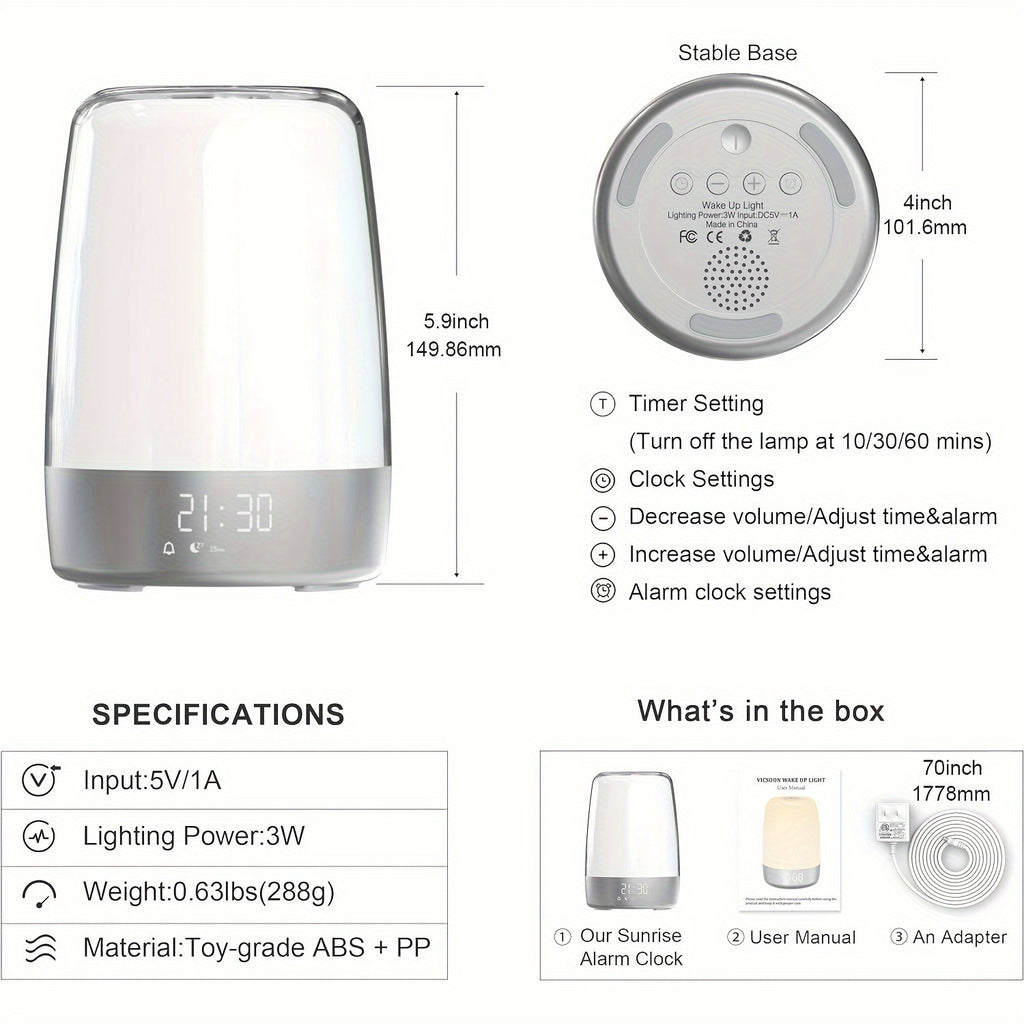 Sunrise Alarm Clock, Night Light Wake Up Light with Sunrise Simulation, Dimmable Touch Bedsides Lamp 6 RGB Colors 5 Nature Sounds for Bedrooms