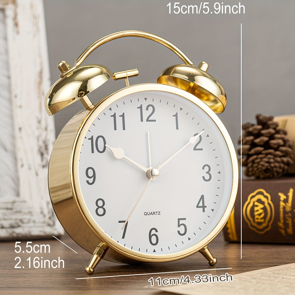 5.9-Inch Vintage Metal Retro Luxury Alarm Clock with Silent Running Time, Mechanical Double Bell Design & Night Light - Silent Alarm, Large Easy-to-Read Face, Round Arched Frame - For Bedroom, Living Room, Office, Dorm - Compatible With Aa Batteries