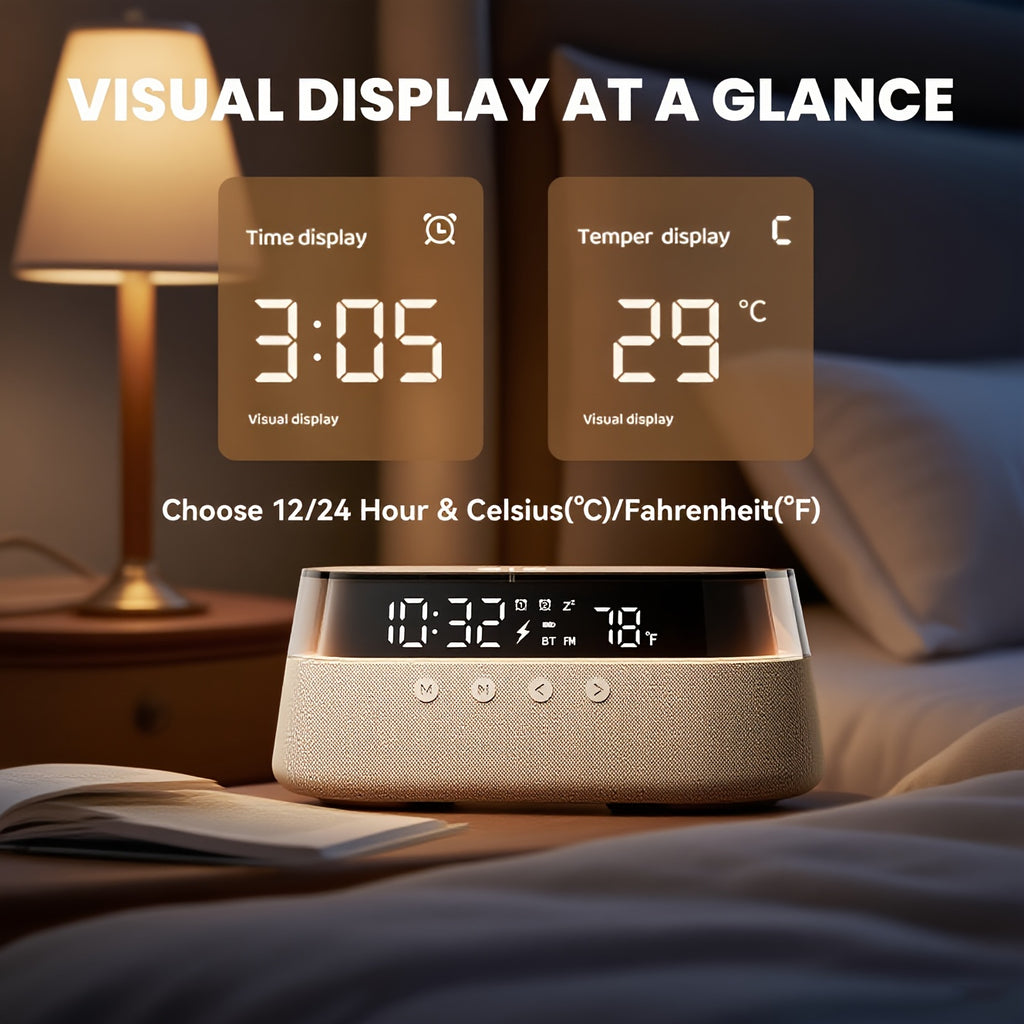 This Is a 6-In-1 Multifunctional Alarm Clock That Features 15W Wireless Charging, a Wireless Speaker, FM Radio, Dual Alarms, an Indoor Temperature Display, an RGB Night Light, And a USB Charger, Making It Perfect for Your Bedside