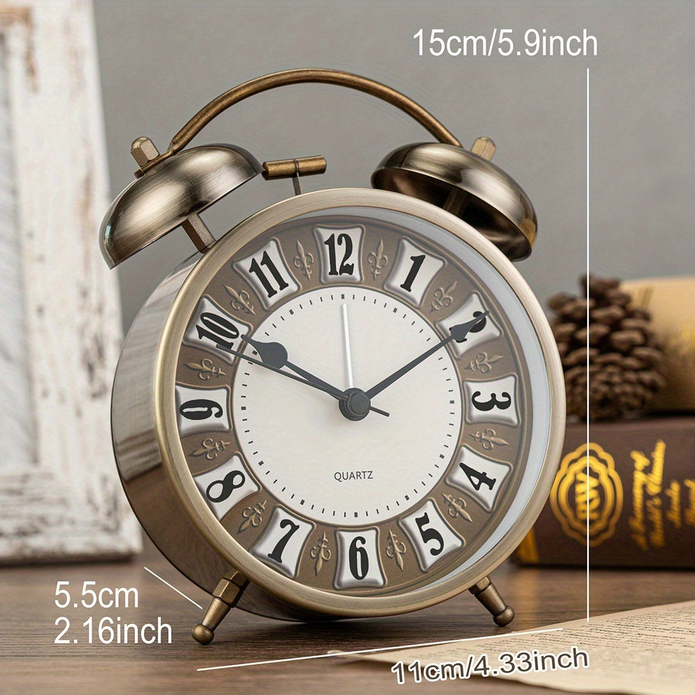 5.9-Inch Vintage Metal Retro Luxury Alarm Clock with Silent Running Time, Mechanical Double Bell Design & Night Light - Silent Alarm, Large Easy-to-Read Face, Round Arched Frame - For Bedroom, Living Room, Office, Dorm - Compatible With Aa Batteries