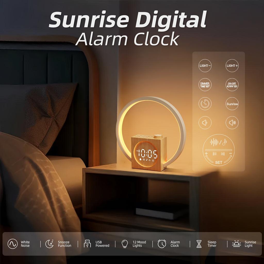 White Noise Alarm Clock with 12 Color Ambient Night Light | 30 Soothing Sounds, Sunrise Alarm, Digital Display, Powered, Suitable for Gifts for Adults, Couples, and Friends