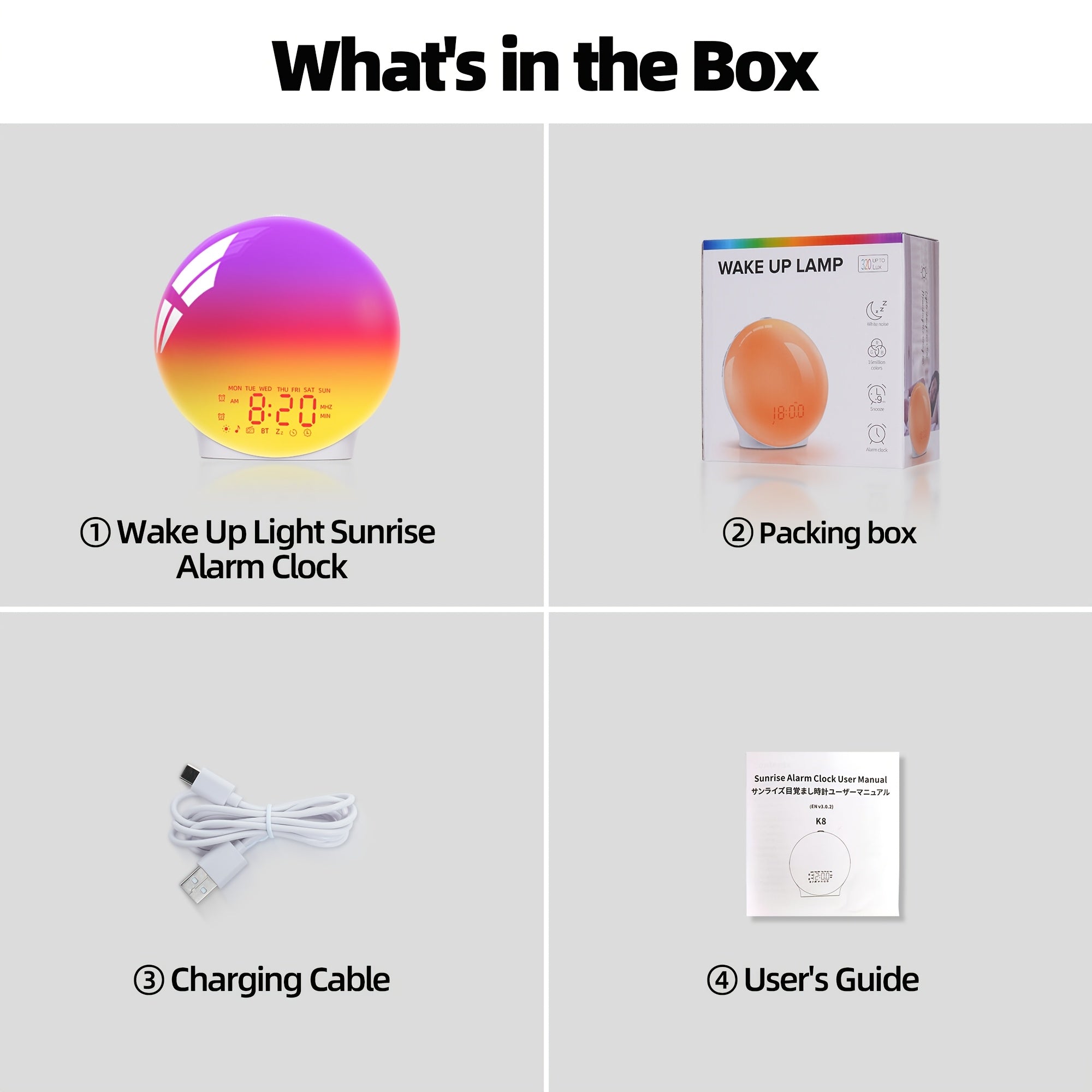 Wake-Up Light Alarm Clock - Sunrise Lamp | 7 Color Lights, Dual Alarms (2 Wake-Up Settings), 22 Sleep Music, 20-Level Dimming, Snooze, Usb Charging, For Bedroom\u002FHome\u002FDorm