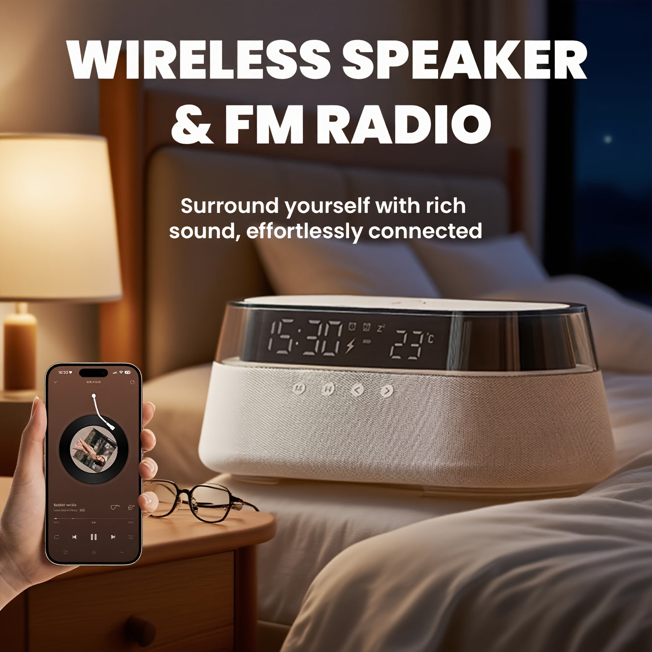 This Is a 6-In-1 Multifunctional Alarm Clock That Features 15W Wireless Charging, a Wireless Speaker, FM Radio, Dual Alarms, an Indoor Temperature Display, an RGB Night Light, And a USB Charger, Making It Perfect for Your Bedside