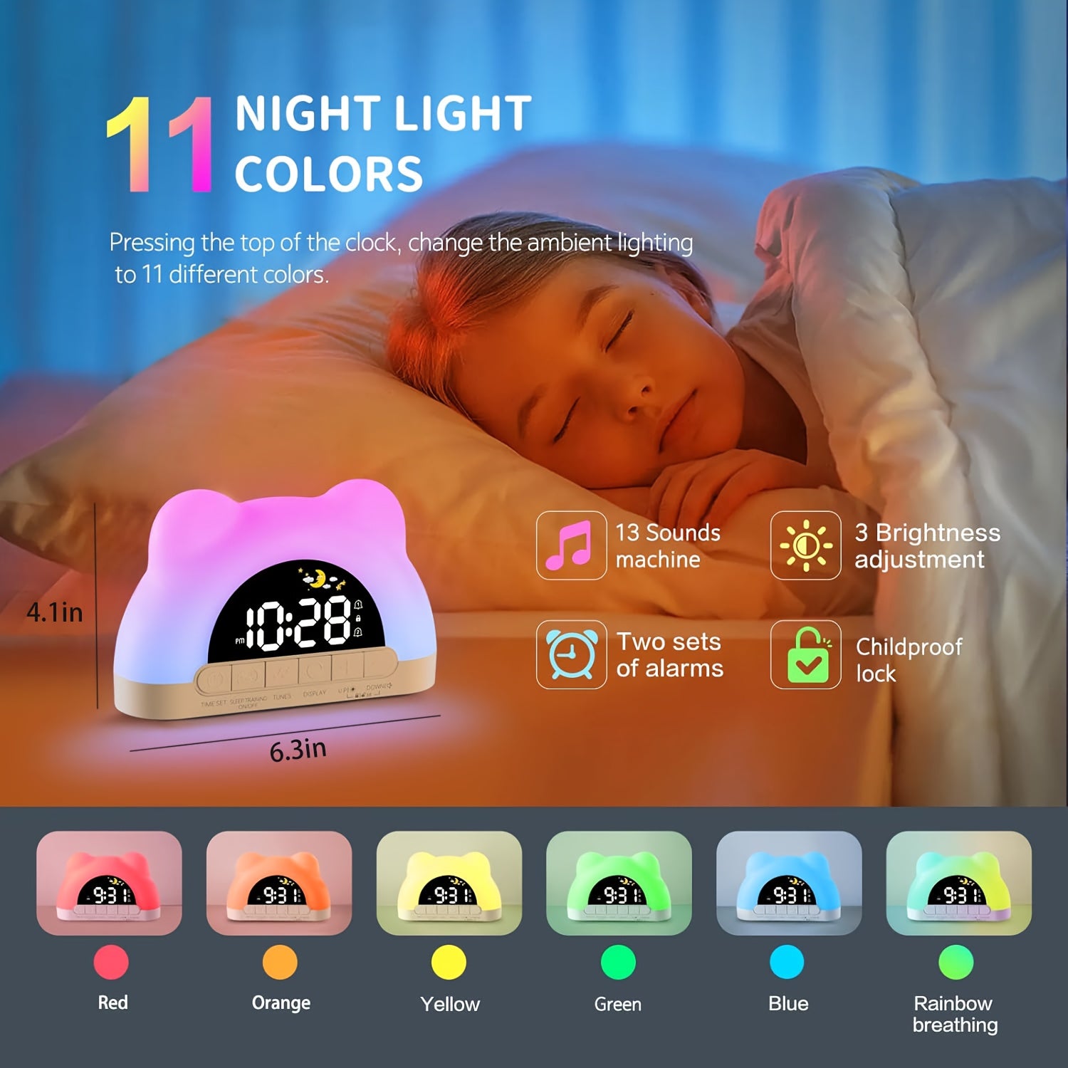 Alarm Clock with Night Light, Children's Alarm Clock, Wake-up Children's Color Changing Alarm Clock, 11 Color Night Light Cat Clock, 10 Soothing Music, Children's Lock, Dual Alarm Clock, Sleep Training, Perfect Birthday Or New Year Gift