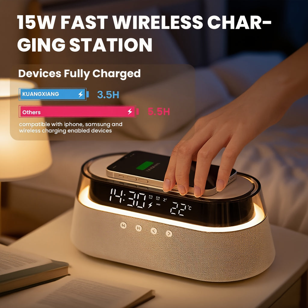 This Is a 6-In-1 Multifunctional Alarm Clock That Features 15W Wireless Charging, a Wireless Speaker, FM Radio, Dual Alarms, an Indoor Temperature Display, an RGB Night Light, And a USB Charger, Making It Perfect for Your Bedside