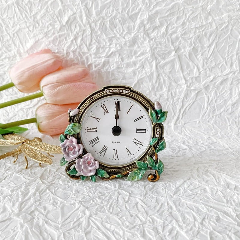 alarm clockSilent Mini Vintage Analog Table Clock with Hand-Painted Metal Body and Battery Operated Non-Ticking Core for Shelf Bedroom Bedside Desk Gift Clockalarm clock, Bedside Timepiece, Handpainted Design, Retro Style Clock, Highquality Materials