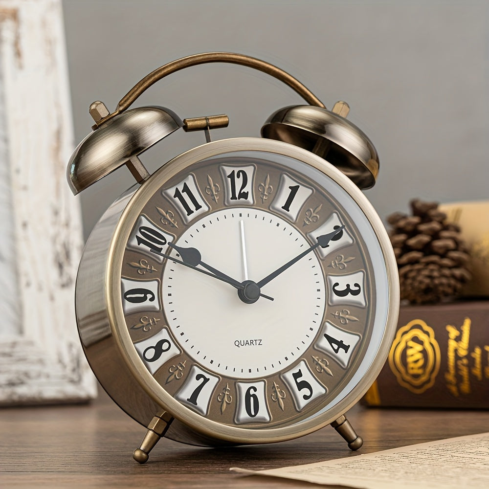 5.9-Inch Vintage Metal Retro Luxury Alarm Clock with Silent Running Time, Mechanical Double Bell Design & Night Light - Silent Alarm, Large Easy-to-Read Face, Round Arched Frame - For Bedroom, Living Room, Office, Dorm - Compatible With Aa Batteries