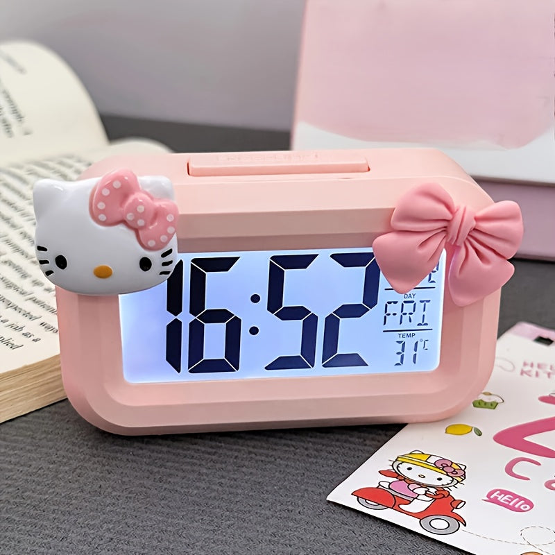 Hello Kitty Alarm Clock Sanrio Hello Kitty Large Pink Screen Alarm Clock | Cute Anime Night Light Desktop Decoration, Perfect for Dormitories and Bedrooms, Enchanting Gift Ideas, Cute Bow Design with Stickers, DIY Your Favorite Appearance