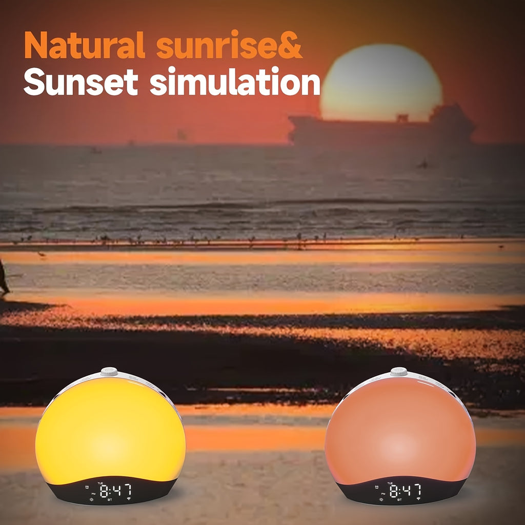 Sunrise Alarm Wake-Up Light, Bluetooth White Noise Machine with 22 Soothing Sounds, 17 Colorful Night Lights, Sunrise Simulation, Dual Alarm, FM Radio