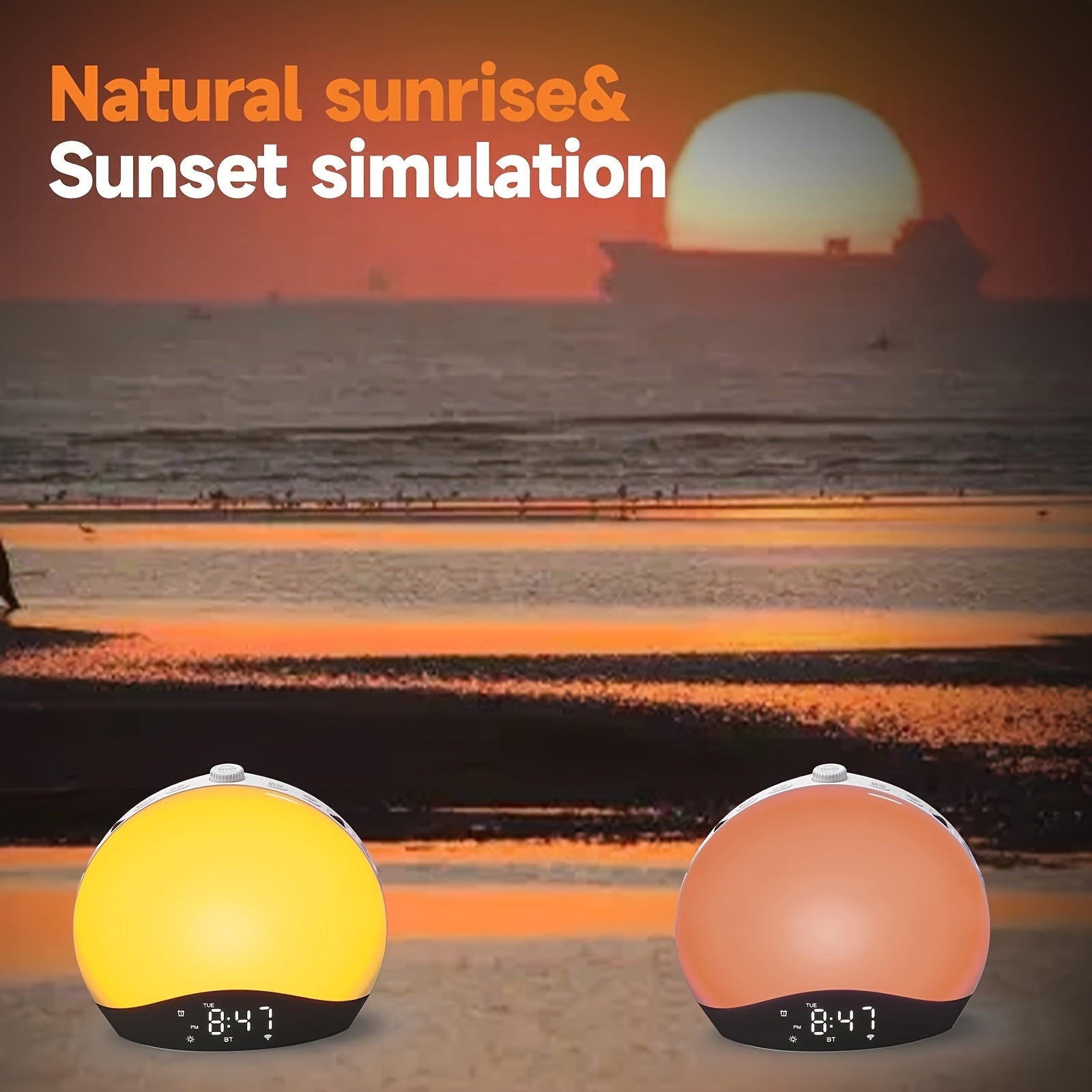 Sunrise Alarm Wake-Up Light, Bluetooth White Noise Machine with 22 Soothing Sounds, 17 Colorful Night Lights, Sunrise Simulation, Dual Alarm, FM Radio
