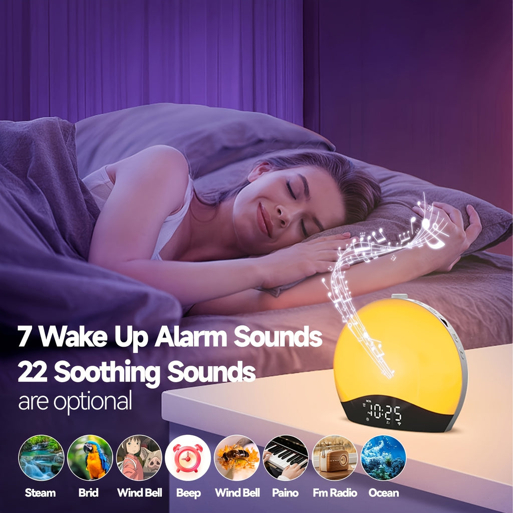 Sunrise Alarm Wake-Up Light, Bluetooth White Noise Machine with 22 Soothing Sounds, 17 Colorful Night Lights, Sunrise Simulation, Dual Alarm, FM Radio