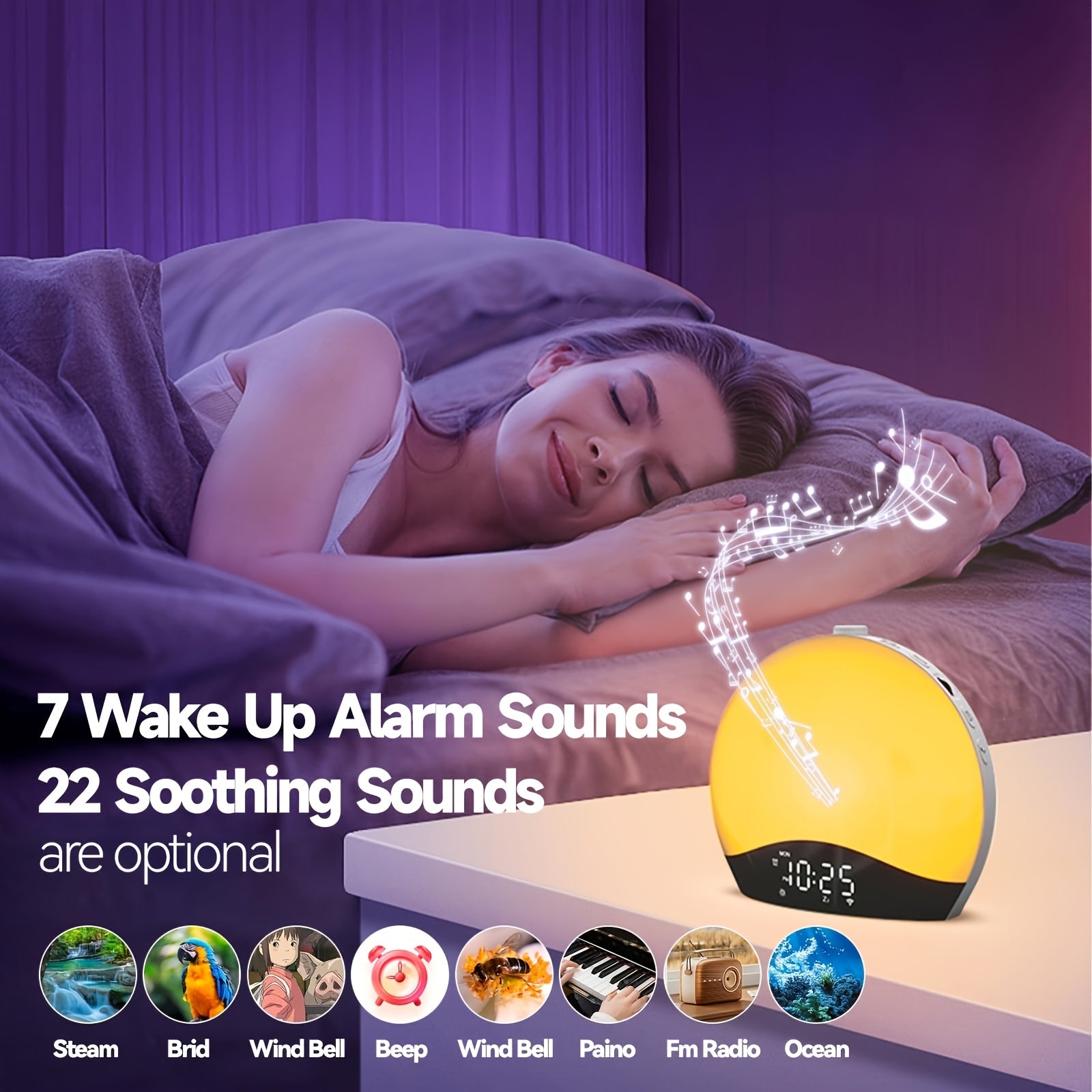 Sunrise Alarm Wake-Up Light, Bluetooth White Noise Machine with 22 Soothing Sounds, 17 Colorful Night Lights, Sunrise Simulation, Dual Alarm, FM Radio