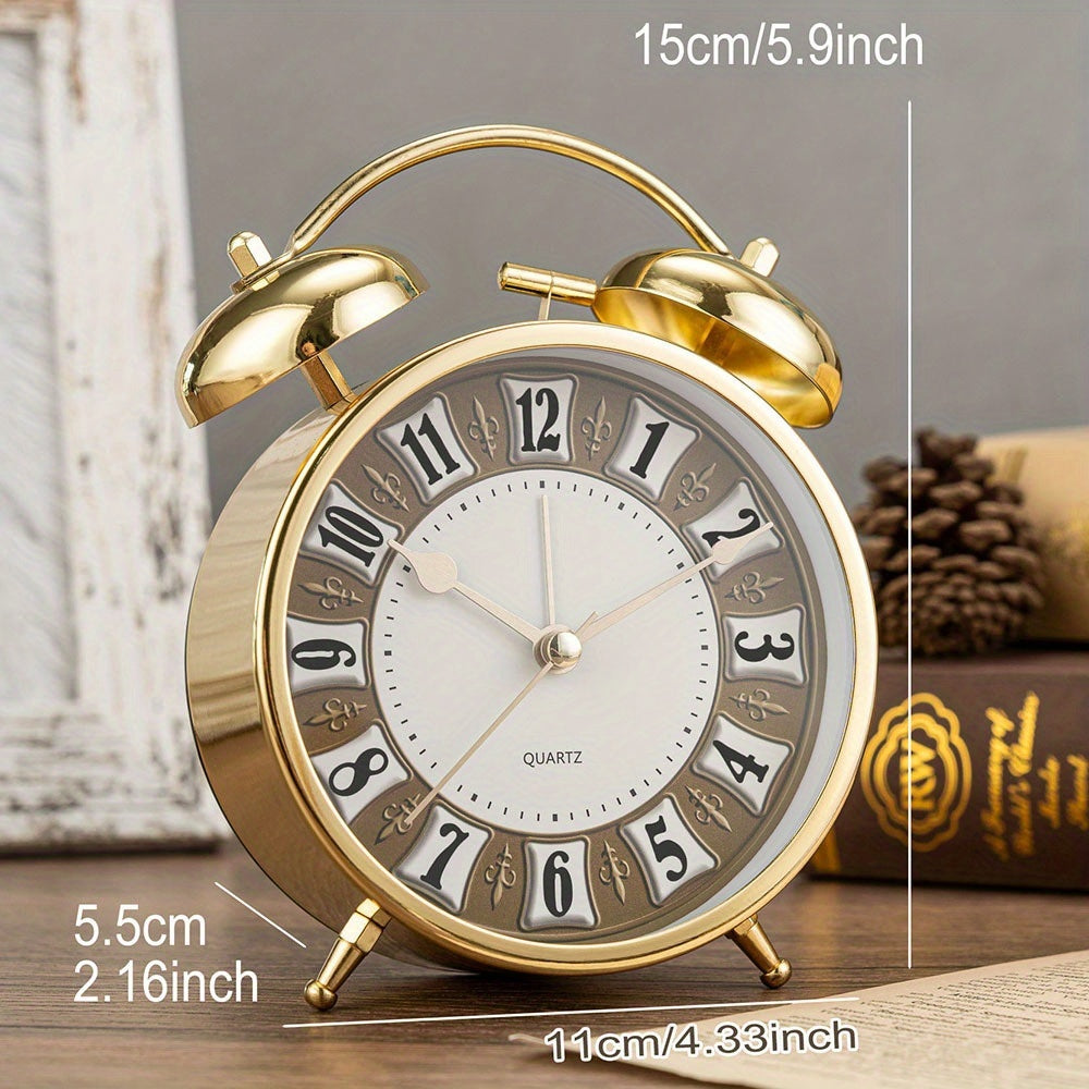 5.9-Inch Vintage Metal Retro Luxury Alarm Clock with Silent Running Time, Mechanical Double Bell Design & Night Light - Silent Alarm, Large Easy-to-Read Face, Round Arched Frame - For Bedroom, Living Room, Office, Dorm - Compatible With Aa Batteries