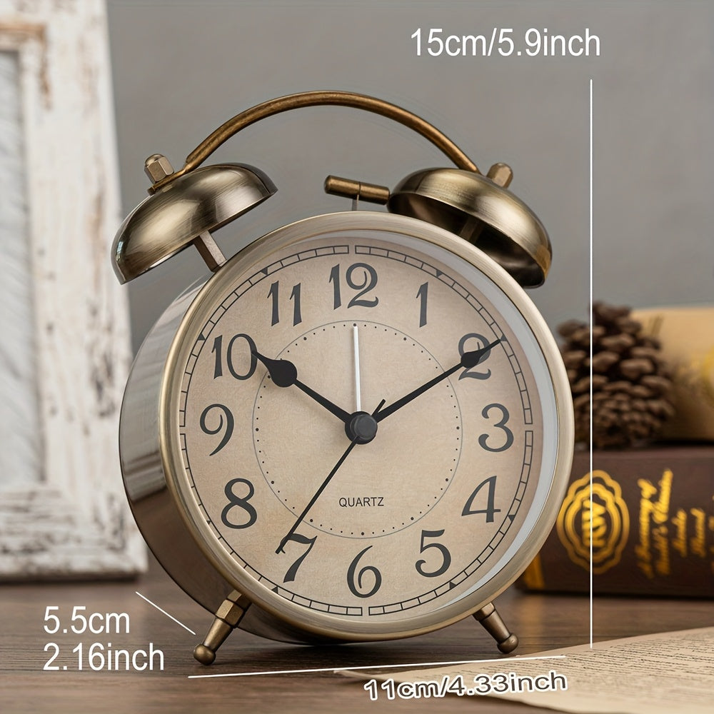 5.9-Inch Vintage Metal Retro Luxury Alarm Clock with Silent Running Time, Mechanical Double Bell Design & Night Light - Silent Alarm, Large Easy-to-Read Face, Round Arched Frame - For Bedroom, Living Room, Office, Dorm - Compatible With Aa Batteries