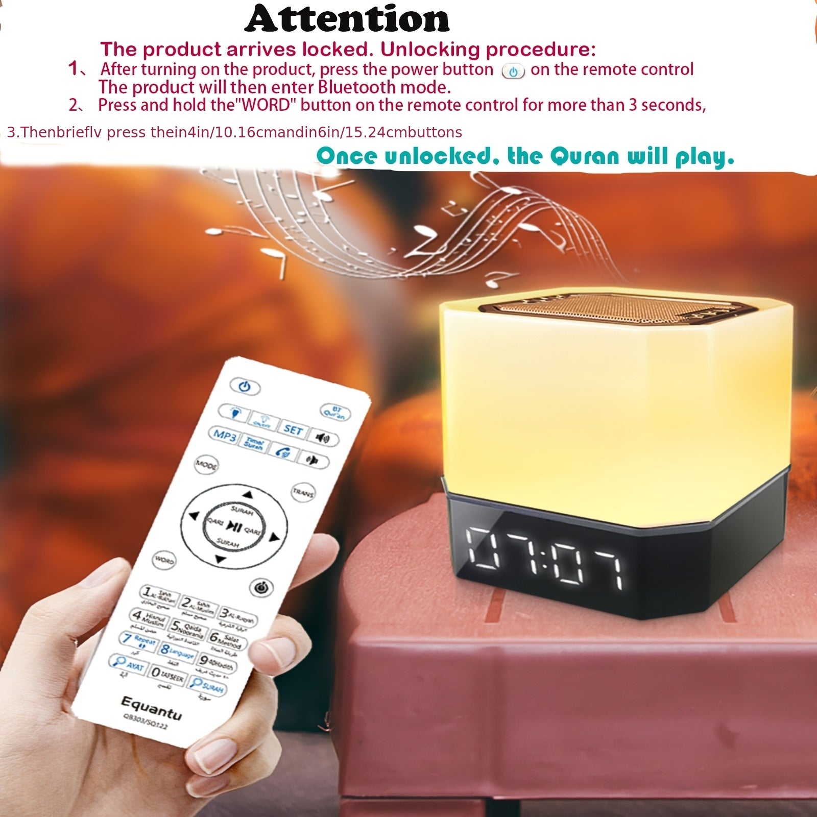 Speaker, Wireless Speaker Night Lights, Bedside Lamp, Alarm Clock, with Remote & APP Contro, Multi-Color Changing, Full Recitations of Famous Imams Translation