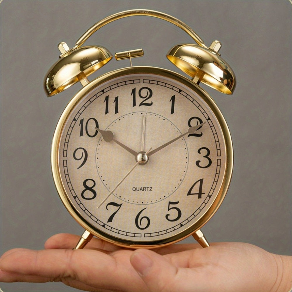 5.9-Inch Vintage Metal Retro Luxury Alarm Clock with Silent Running Time, Mechanical Double Bell Design & Night Light - Silent Alarm, Large Easy-to-Read Face, Round Arched Frame - For Bedroom, Living Room, Office, Dorm - Compatible With Aa Batteries