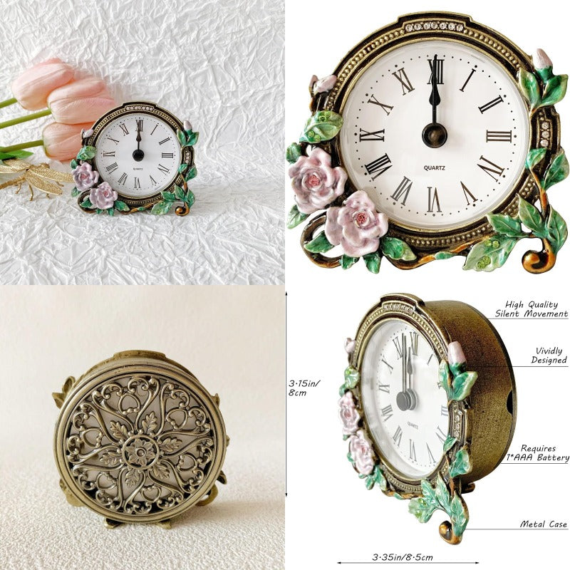 alarm clockSilent Mini Vintage Analog Table Clock with Hand-Painted Metal Body and Battery Operated Non-Ticking Core for Shelf Bedroom Bedside Desk Gift Clockalarm clock, Bedside Timepiece, Handpainted Design, Retro Style Clock, Highquality Materials