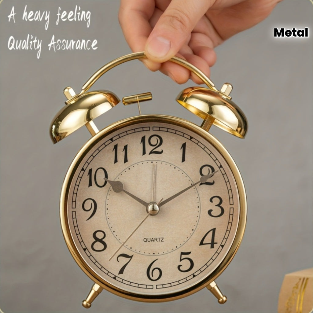 5.9-Inch Vintage Metal Retro Luxury Alarm Clock with Silent Running Time, Mechanical Double Bell Design & Night Light - Silent Alarm, Large Easy-to-Read Face, Round Arched Frame - For Bedroom, Living Room, Office, Dorm - Compatible With Aa Batteries