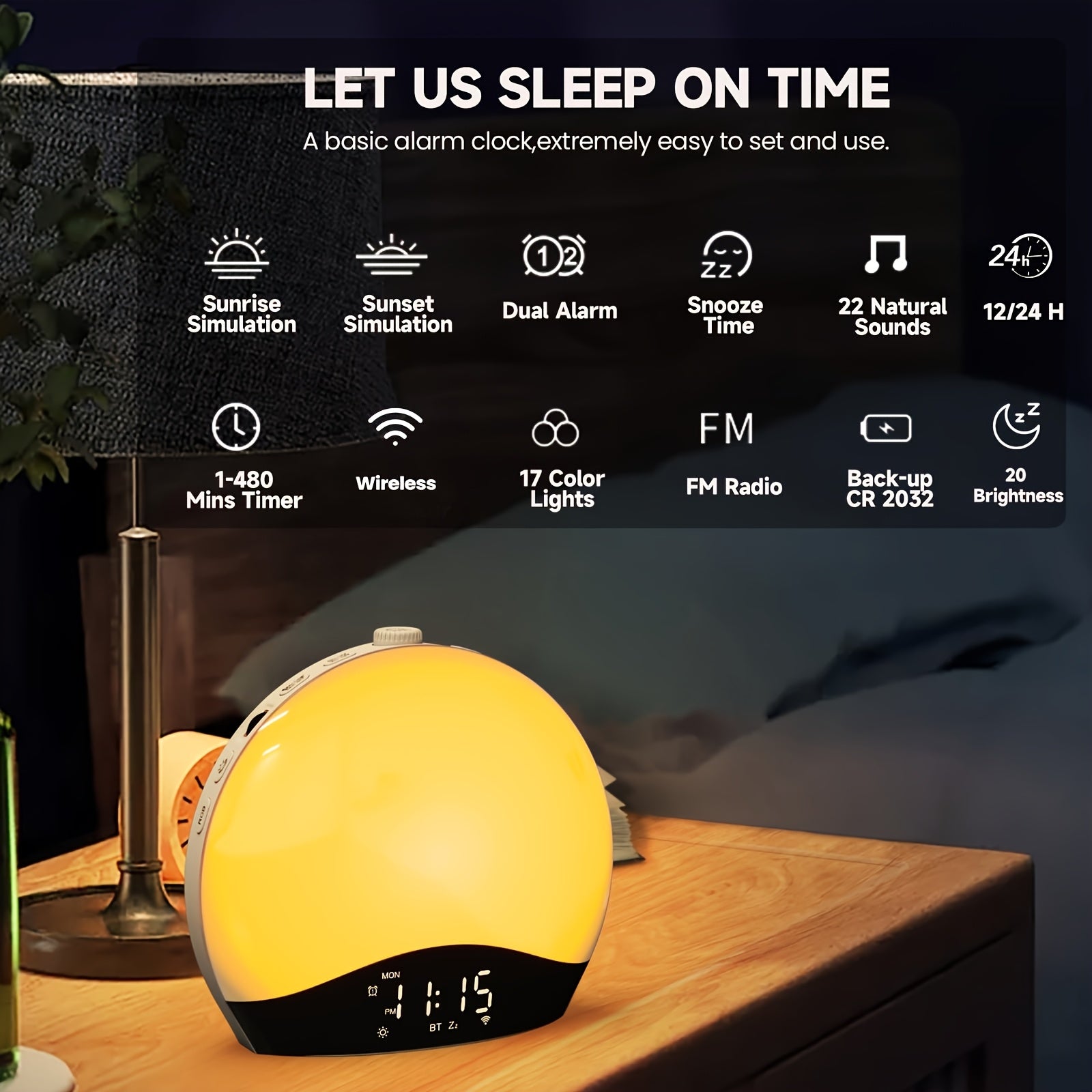 Sunrise Alarm Wake-Up Light, Bluetooth White Noise Machine with 22 Soothing Sounds, 17 Colorful Night Lights, Sunrise Simulation, Dual Alarm, FM Radio