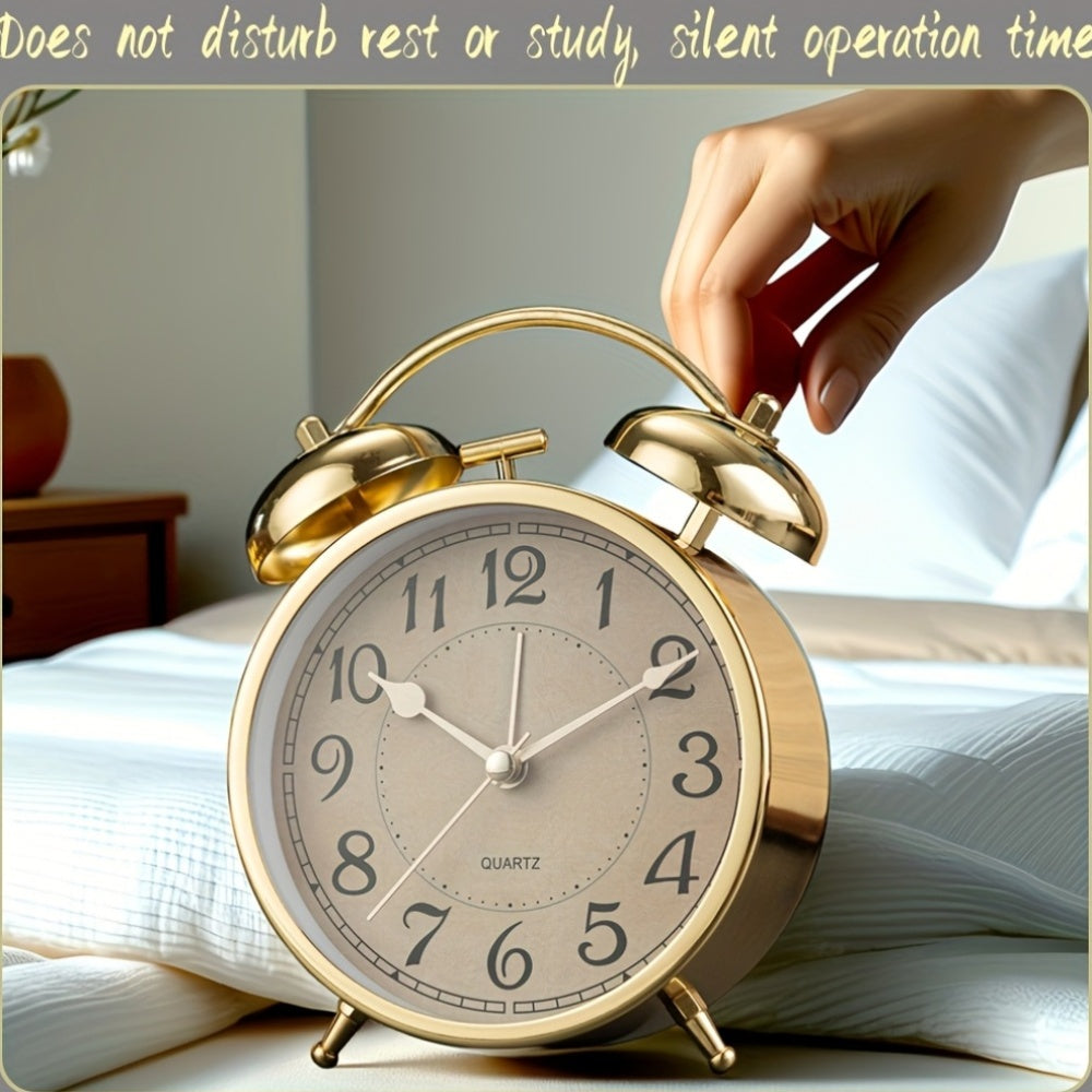 5.9-Inch Vintage Metal Retro Luxury Alarm Clock with Silent Running Time, Mechanical Double Bell Design & Night Light - Silent Alarm, Large Easy-to-Read Face, Round Arched Frame - For Bedroom, Living Room, Office, Dorm - Compatible With Aa Batteries