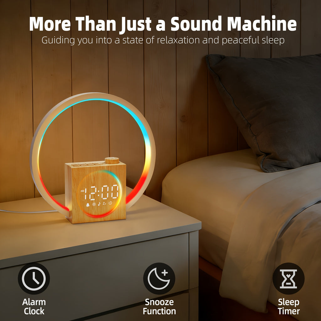 White Noise Alarm Clock with 12 Color Ambient Night Light | 30 Soothing Sounds, Sunrise Alarm, Digital Display, Powered, Suitable for Gifts for Adults, Couples, and Friends