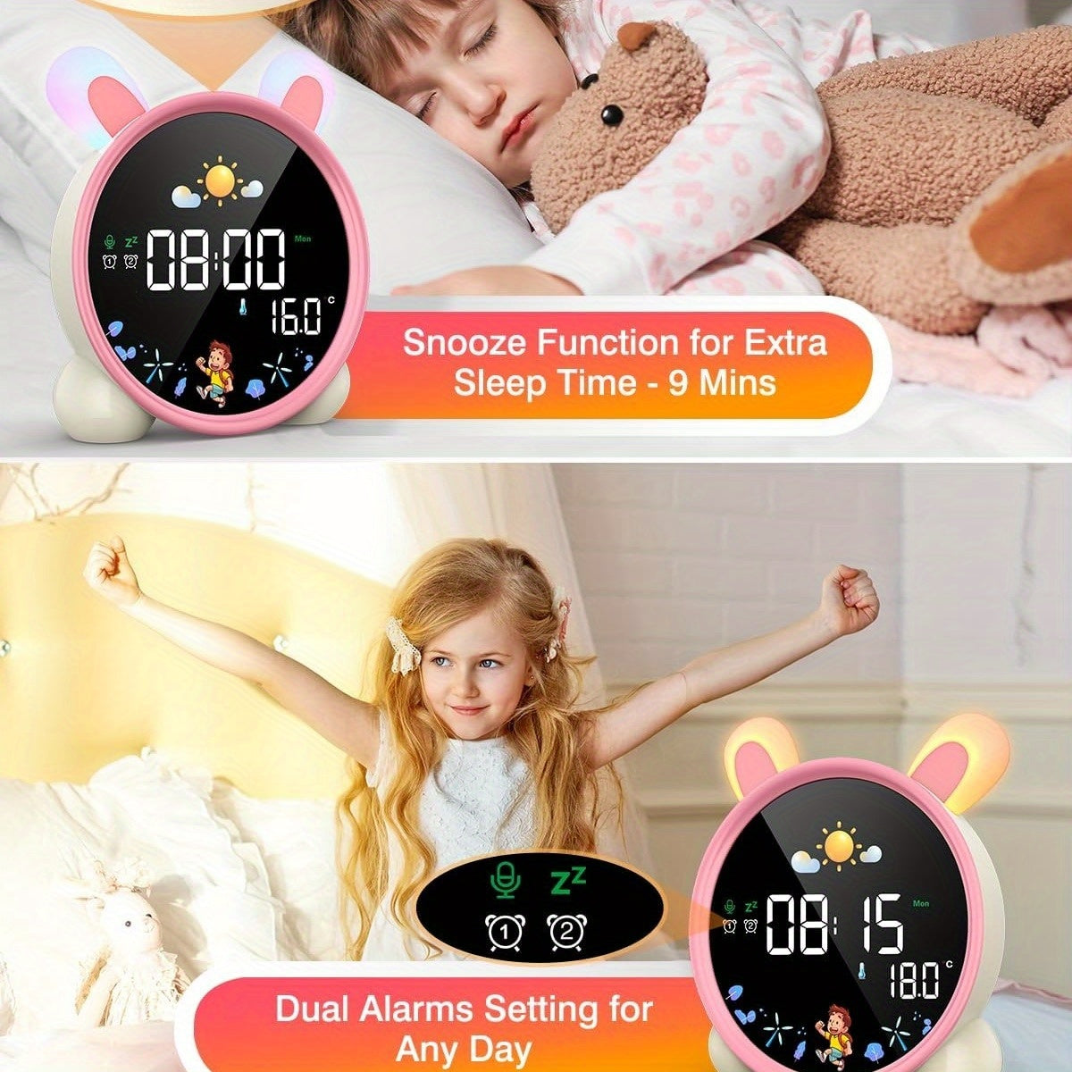 Smart Alarm Clock with Colorful Soft Night Light, Temperature Timer, and Music Playback - USB Rechargeable, Large Display, Battery, Perfect for Bedroom or Home Decor