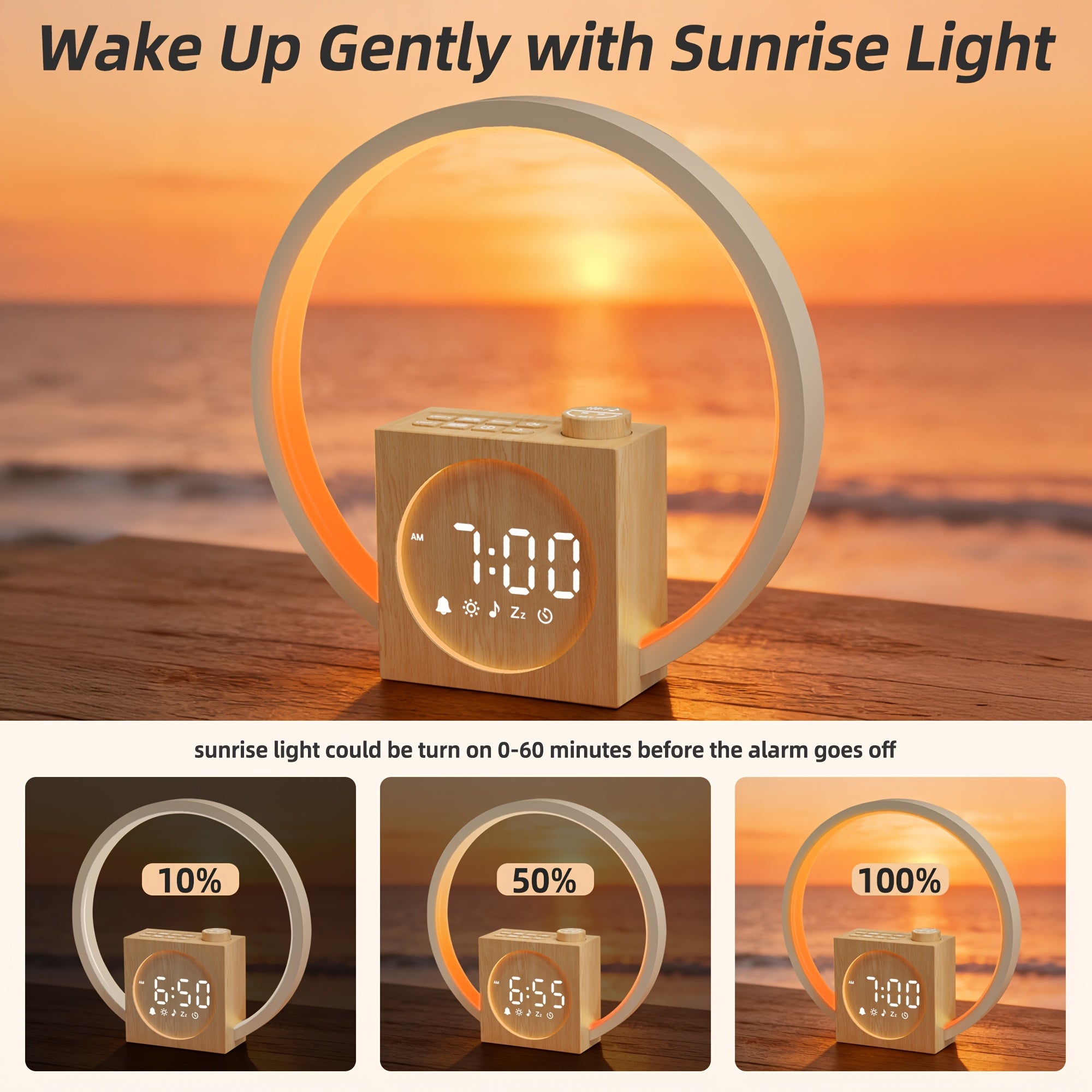 White Noise Alarm Clock with 12 Color Ambient Night Light | 30 Soothing Sounds, Sunrise Alarm, Digital Display, Powered, Suitable for Gifts for Adults, Couples, and Friends