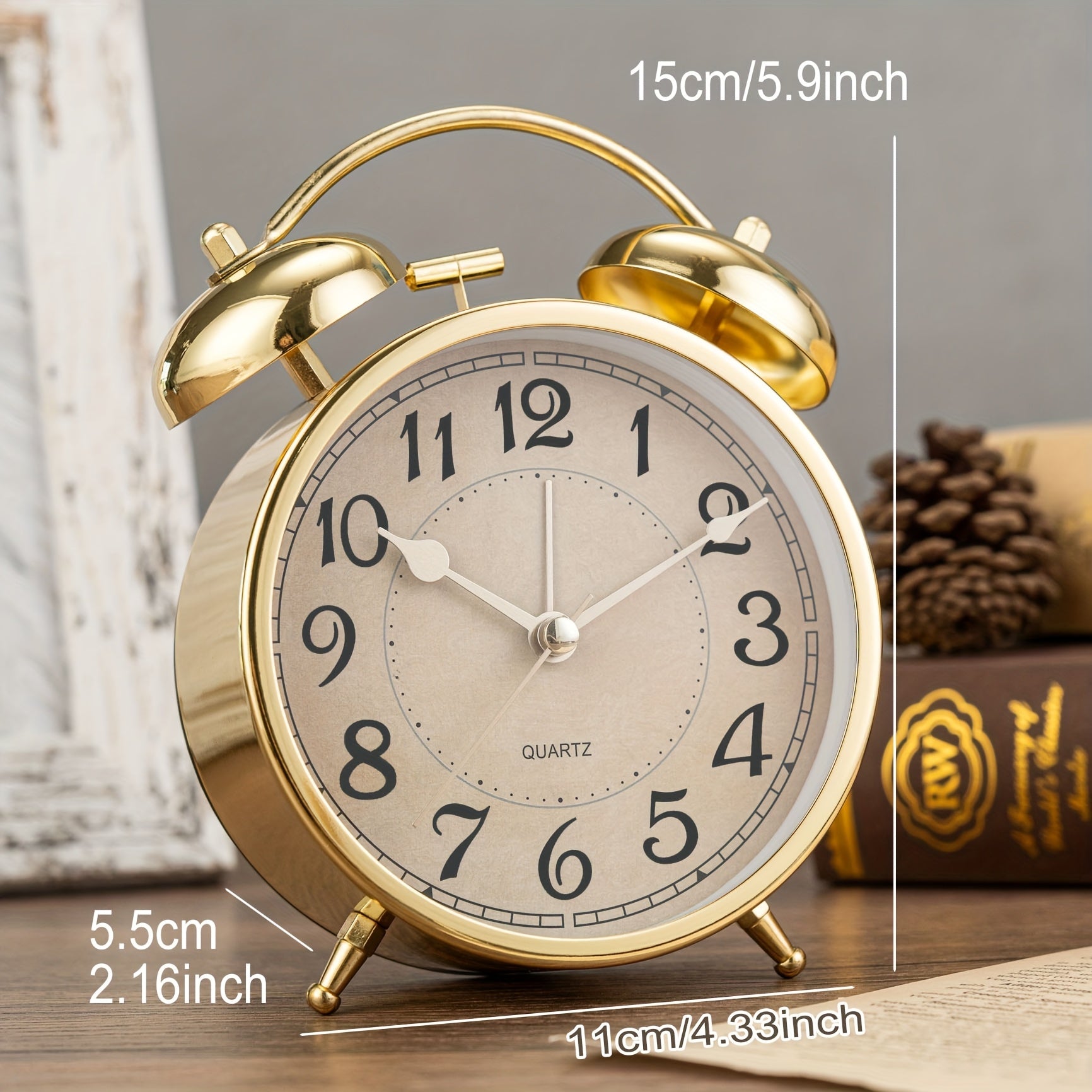 5.9-Inch Vintage Metal Retro Luxury Alarm Clock with Silent Running Time, Mechanical Double Bell Design & Night Light - Silent Alarm, Large Easy-to-Read Face, Round Arched Frame - For Bedroom, Living Room, Office, Dorm - Compatible With Aa Batteries