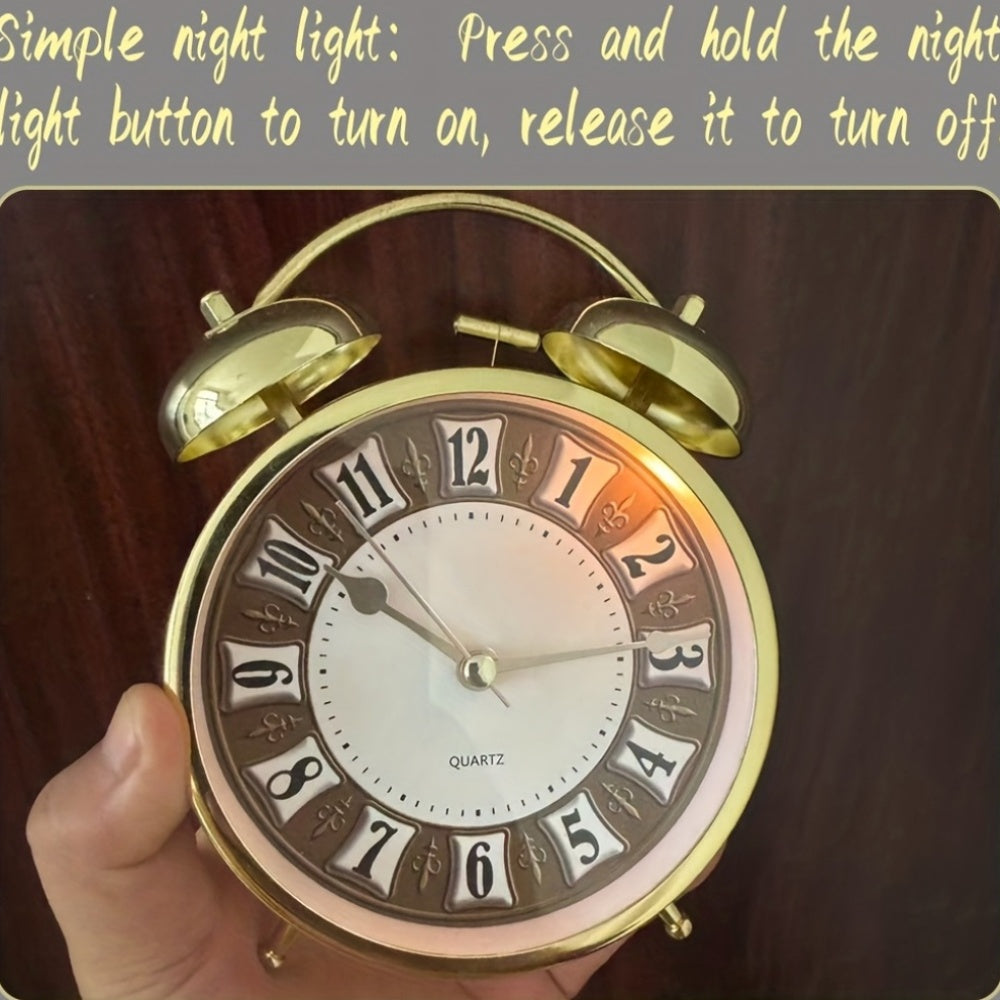 5.9-Inch Vintage Metal Retro Luxury Alarm Clock with Silent Running Time, Mechanical Double Bell Design & Night Light - Silent Alarm, Large Easy-to-Read Face, Round Arched Frame - For Bedroom, Living Room, Office, Dorm - Compatible With Aa Batteries
