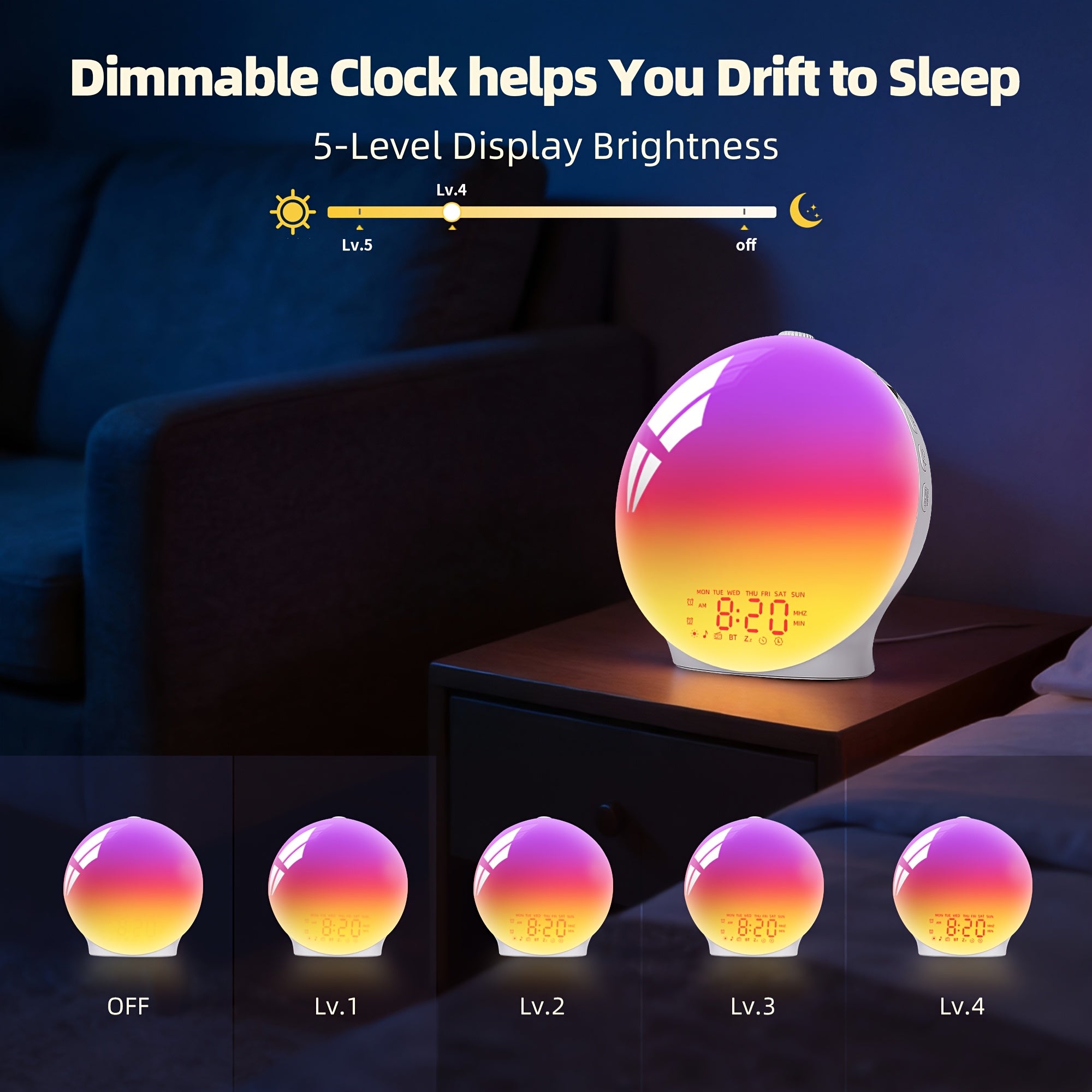 Wake-Up Light Alarm Clock - Sunrise Lamp | 7 Color Lights, Dual Alarms (2 Wake-Up Settings), 22 Sleep Music, 20-Level Dimming, Snooze, Usb Charging, For Bedroom\u002FHome\u002FDorm