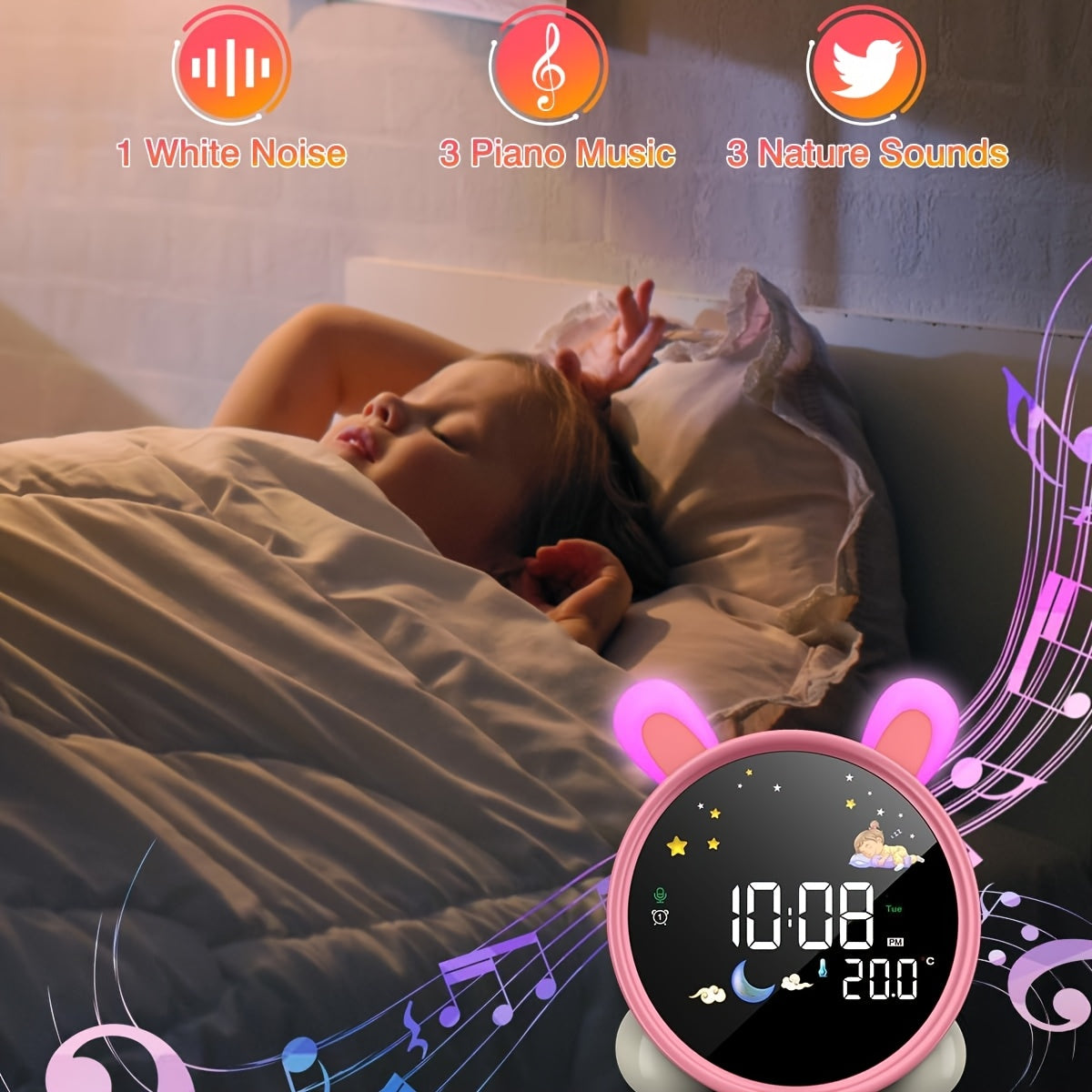 Smart Alarm Clock with Colorful Soft Night Light, Temperature Timer, and Music Playback - USB Rechargeable, Large Display, Battery, Perfect for Bedroom or Home Decor