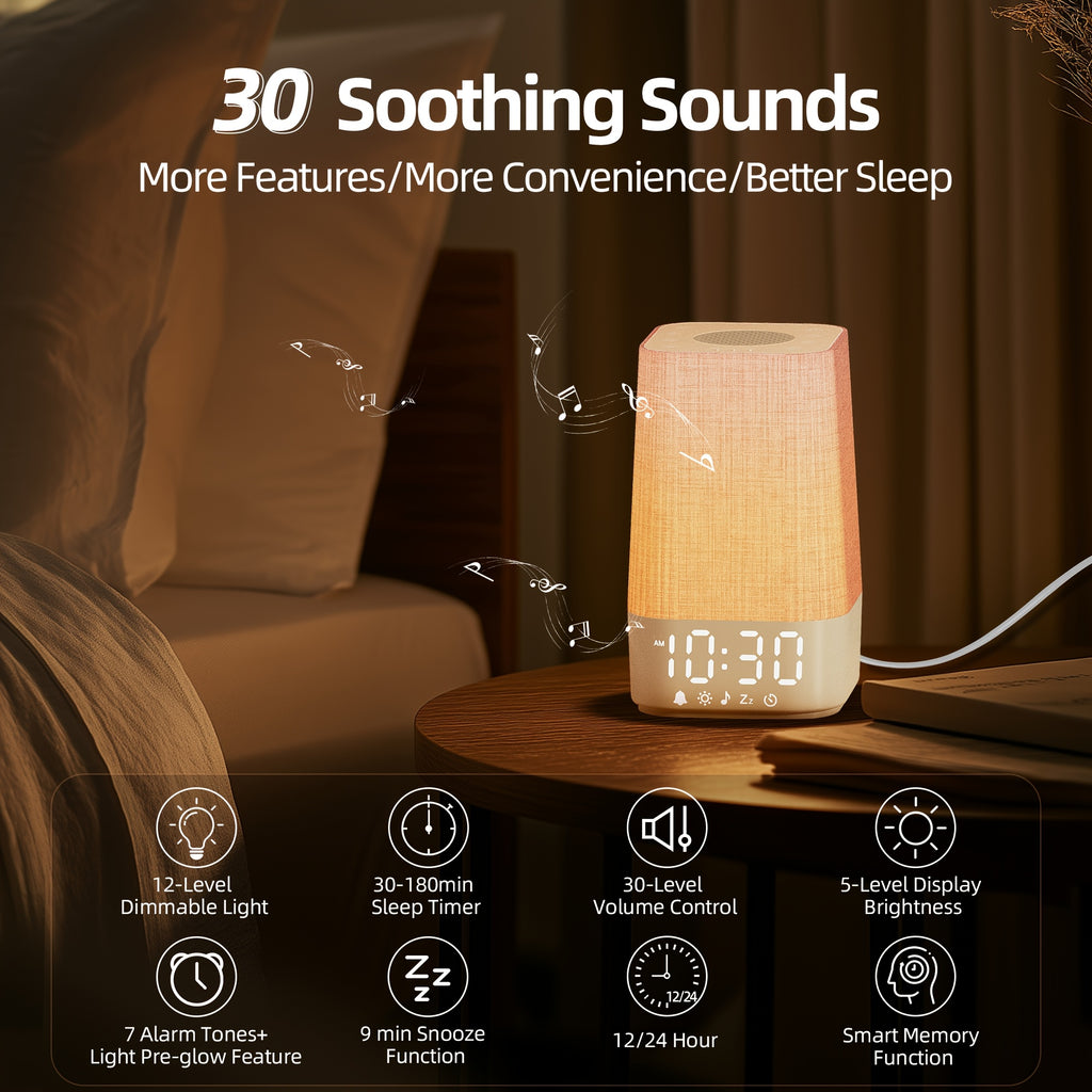 White Noise Machine with 7 Alarm Sounds & 20 Relaxing Music Tracks - Adjustable Volume, Night Light & Timer Suitable for Sleep,, Focus Aid - Digital Alarm Clock with Soothing Sound Generator for Adults, Bedside Sleep Helper