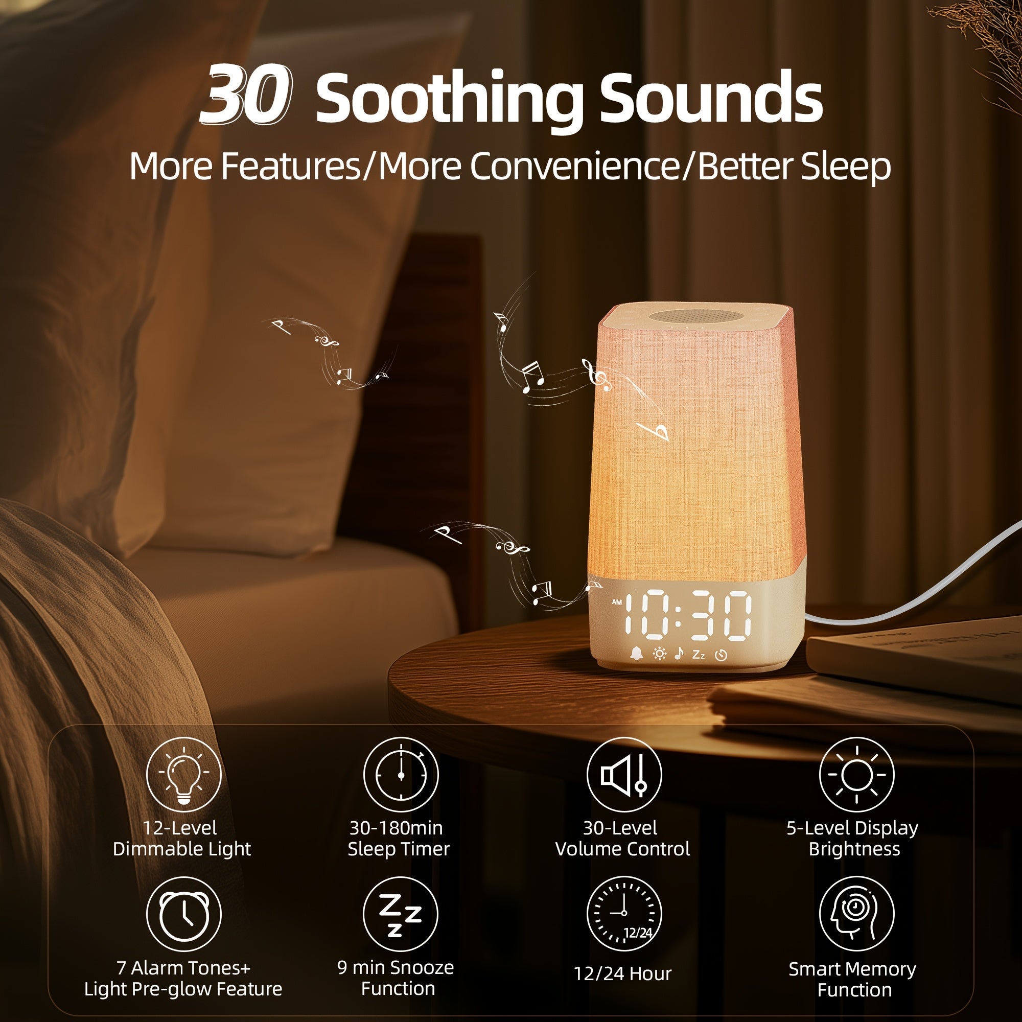 White Noise Machine with 7 Alarm Sounds & 20 Relaxing Music Tracks - Adjustable Volume, Night Light & Timer Suitable for Sleep,, Focus Aid - Digital Alarm Clock with Soothing Sound Generator for Adults, Bedside Sleep Helper