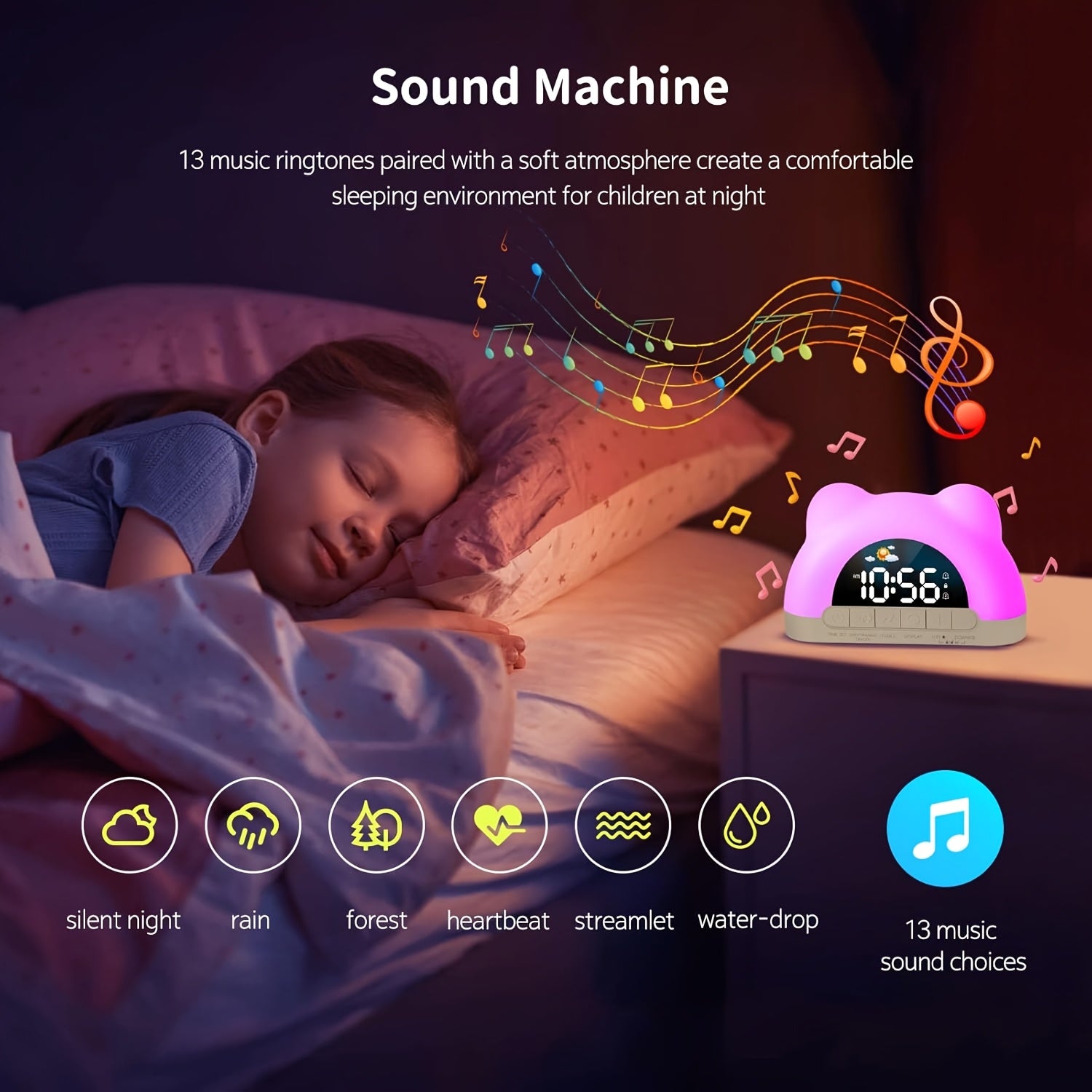 Alarm Clock with Night Light, Children's Alarm Clock, Wake-up Children's Color Changing Alarm Clock, 11 Color Night Light Cat Clock, 10 Soothing Music, Children's Lock, Dual Alarm Clock, Sleep Training, Perfect Birthday Or New Year Gift