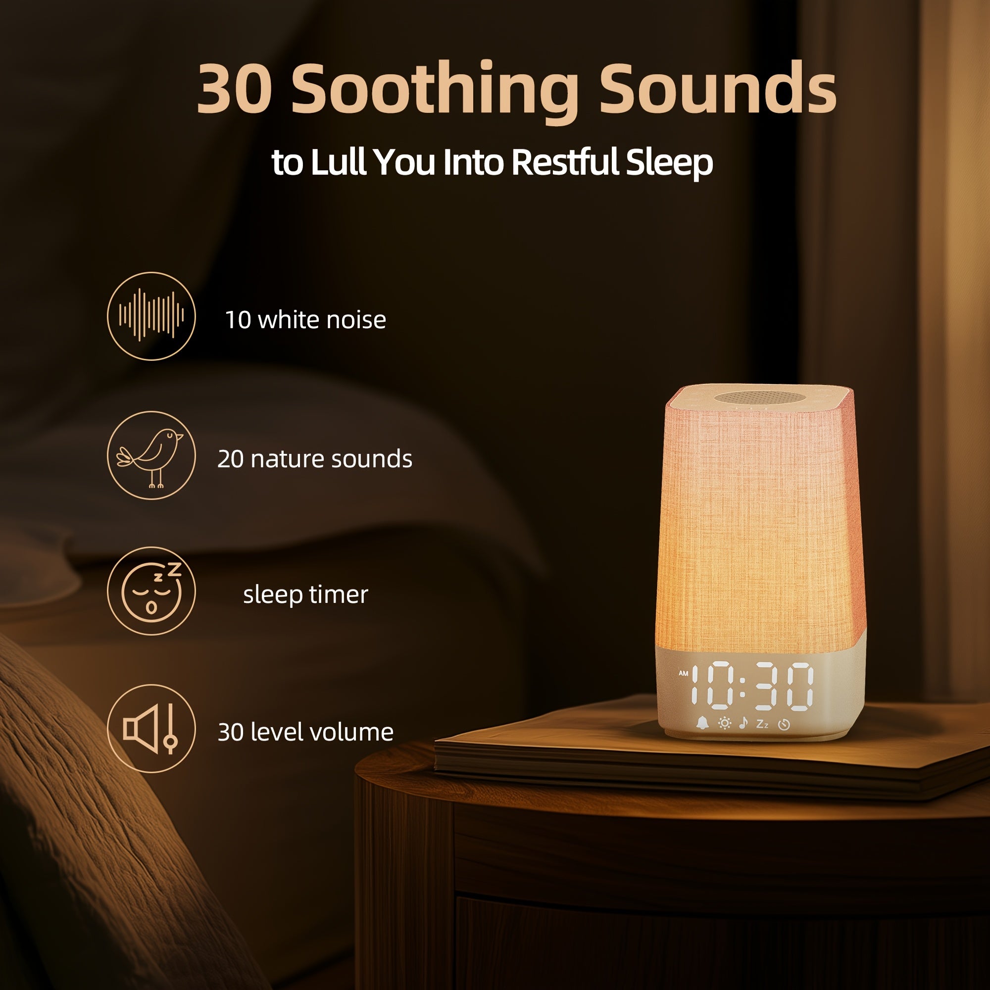 White Noise Machine with 7 Alarm Sounds & 20 Relaxing Music Tracks - Adjustable Volume, Night Light & Timer Suitable for Sleep,, Focus Aid - Digital Alarm Clock with Soothing Sound Generator for Adults, Bedside Sleep Helper