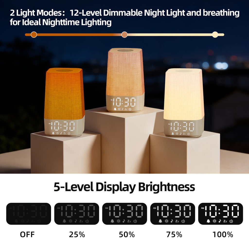 White Noise Machine with 7 Alarm Sounds & 20 Relaxing Music Tracks - Adjustable Volume, Night Light & Timer Suitable for Sleep,, Focus Aid - Digital Alarm Clock with Soothing Sound Generator for Adults, Bedside Sleep Helper