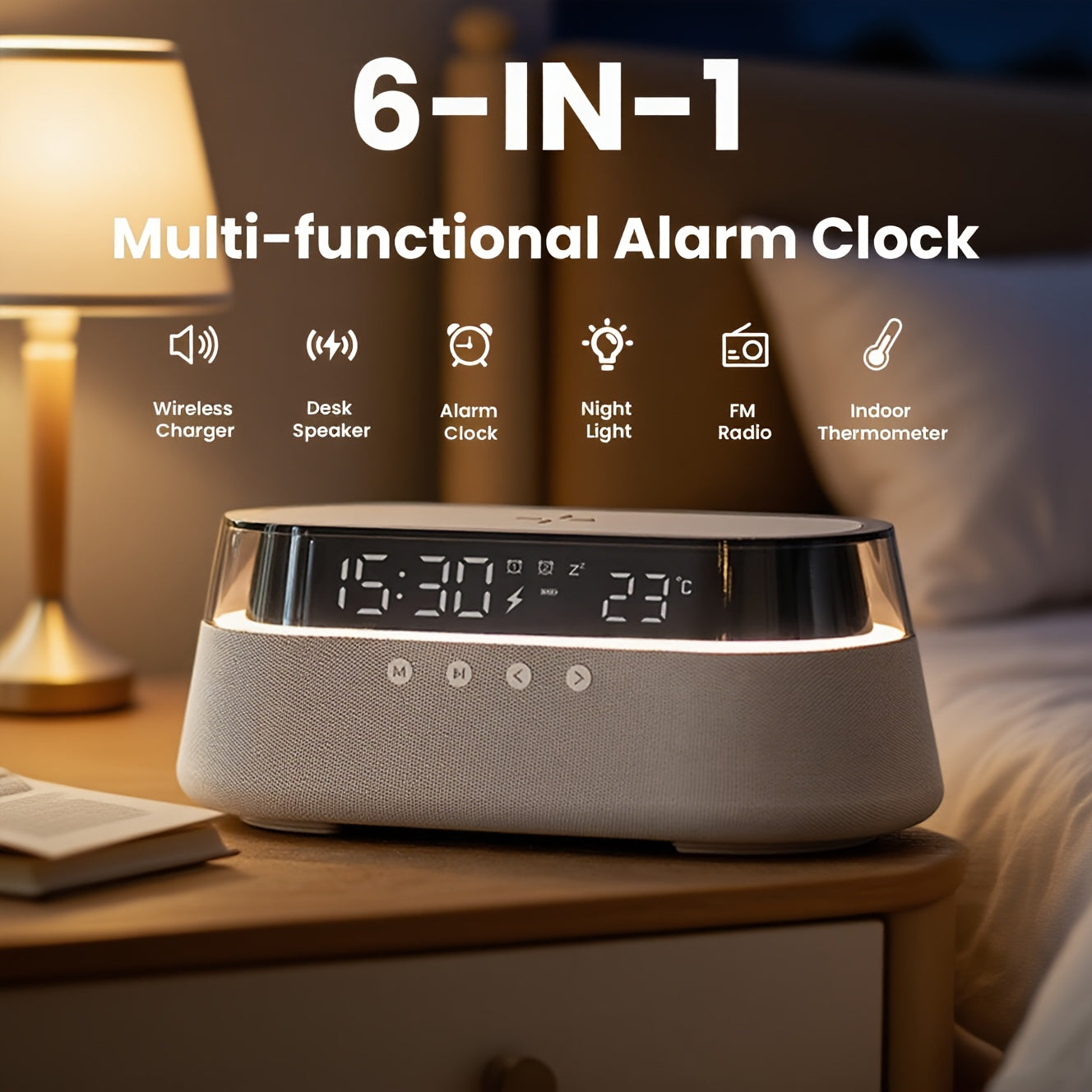 This Is a 6-In-1 Multifunctional Alarm Clock That Features 15W Wireless Charging, a Wireless Speaker, FM Radio, Dual Alarms, an Indoor Temperature Display, an RGB Night Light, And a USB Charger, Making It Perfect for Your Bedside