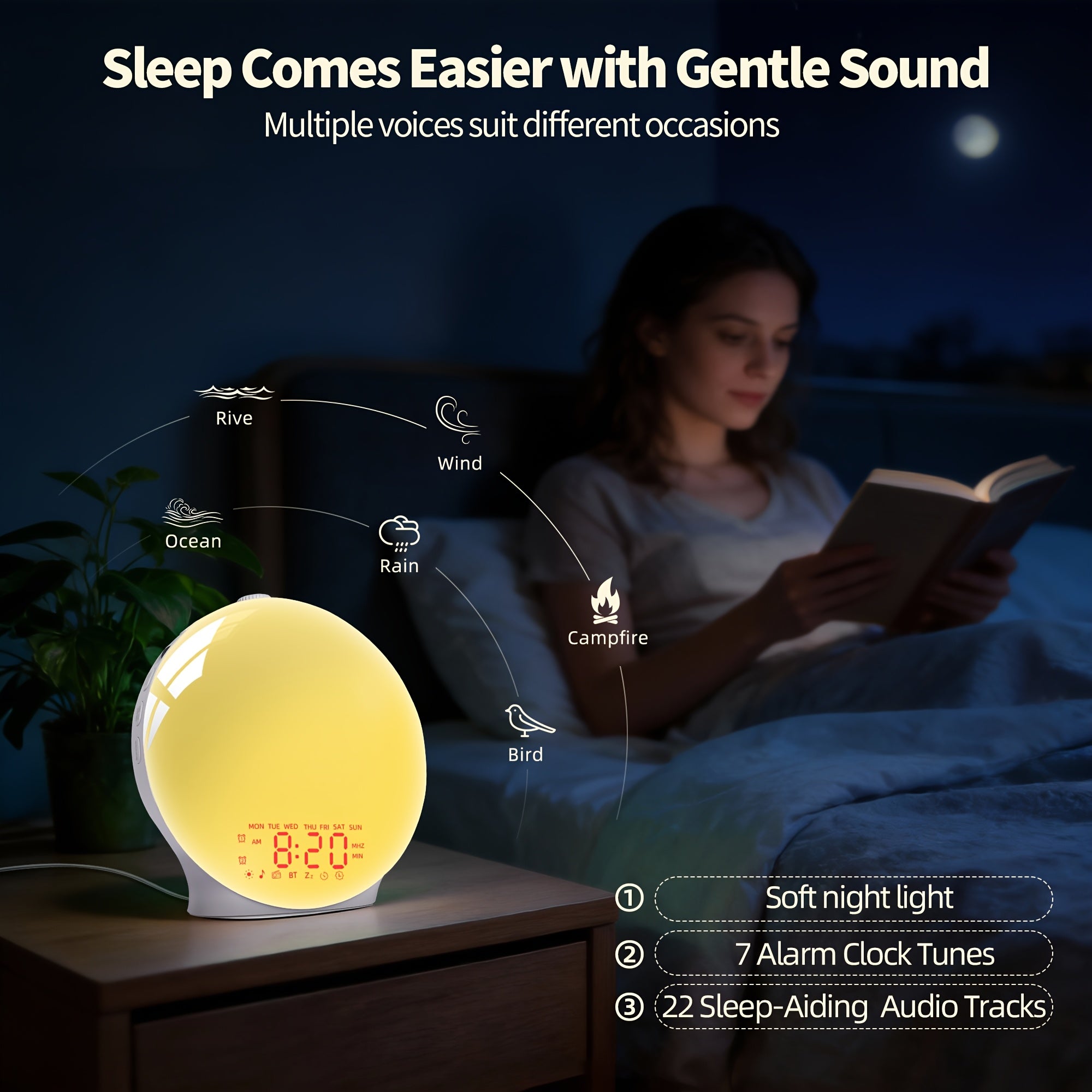 Wake-Up Light Alarm Clock - Sunrise Lamp | 7 Color Lights, Dual Alarms (2 Wake-Up Settings), 22 Sleep Music, 20-Level Dimming, Snooze, Usb Charging, For Bedroom\u002FHome\u002FDorm