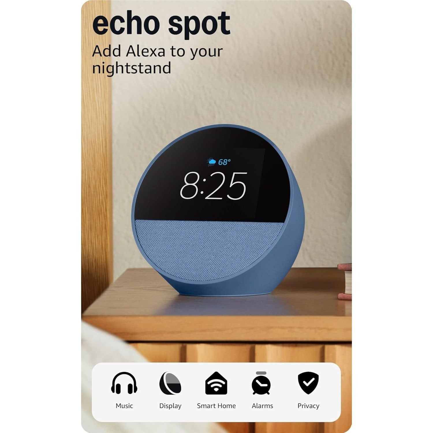 Amazon Echo Spot Touch Screen Smart Alarm Clock with Alexa For Nightstands, Dorms, Offices and Kitchens 2024 Release