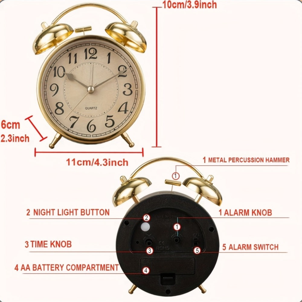 5.9-Inch Vintage Metal Retro Luxury Alarm Clock with Silent Running Time, Mechanical Double Bell Design & Night Light - Silent Alarm, Large Easy-to-Read Face, Round Arched Frame - For Bedroom, Living Room, Office, Dorm - Compatible With Aa Batteries