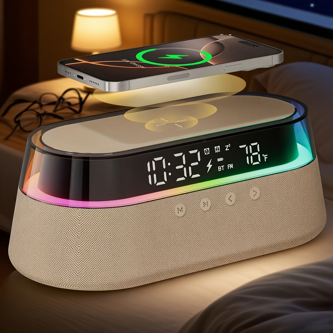 This Is a 6-In-1 Multifunctional Alarm Clock That Features 15W Wireless Charging, a Wireless Speaker, FM Radio, Dual Alarms, an Indoor Temperature Display, an RGB Night Light, And a USB Charger, Making It Perfect for Your Bedside